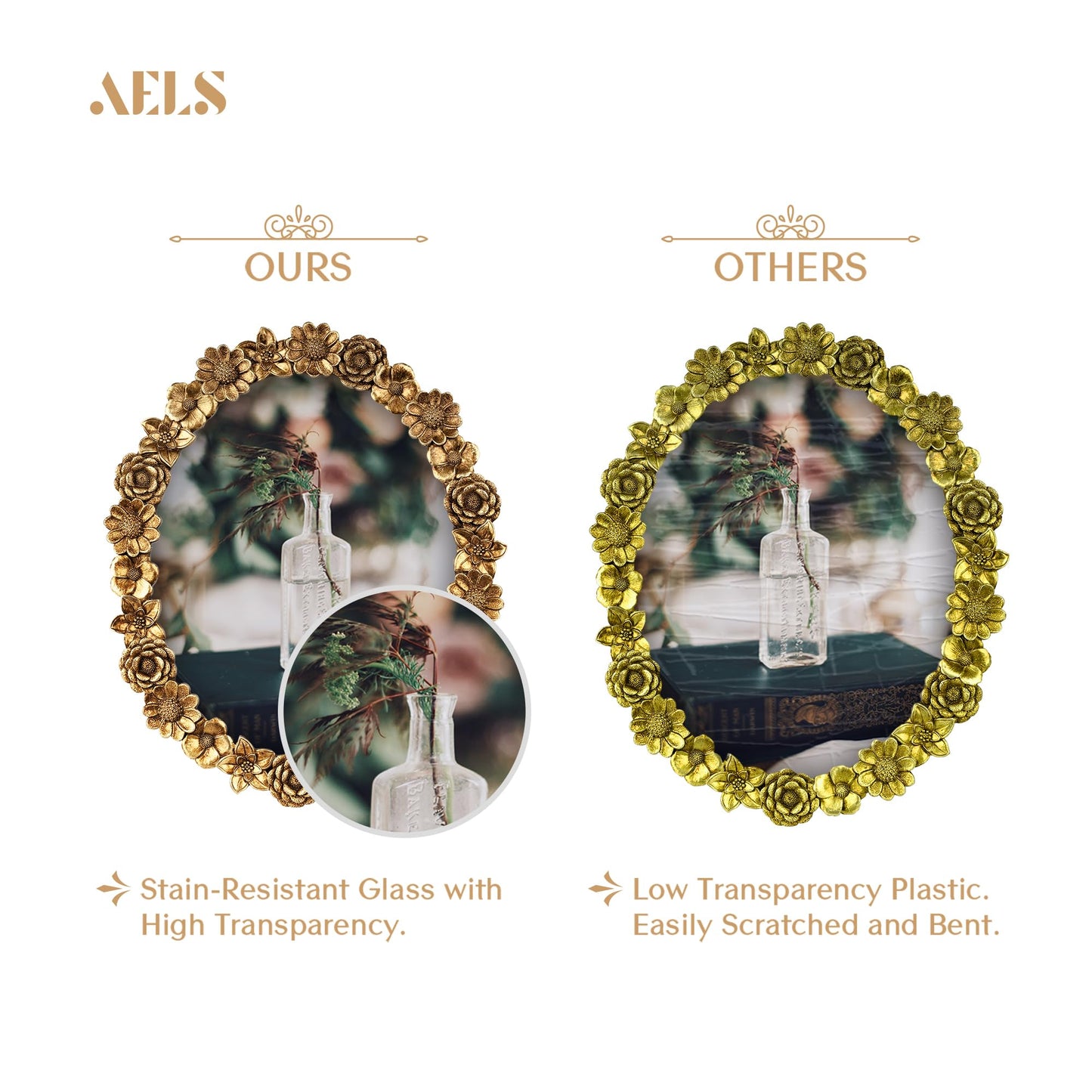 AELS 4x4 Inch Vintage Picture Frame, Elegant Antique Oval Photo Frames with Glass Front, Photo Display, Tabletop Wall Hanging, Gift Ideas, Gold Flower