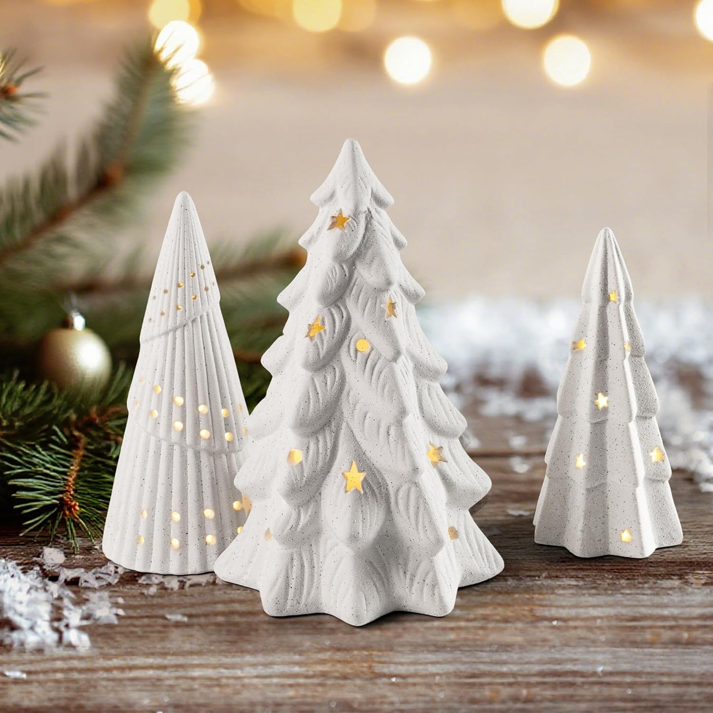 AELS Cordless Lighted Ceramic Christmas Tree, Set of 3, Matte White Tabletop Xmas Figurines Decorations with Lights for Christmas Holiday Decor, White Christmas Decorations