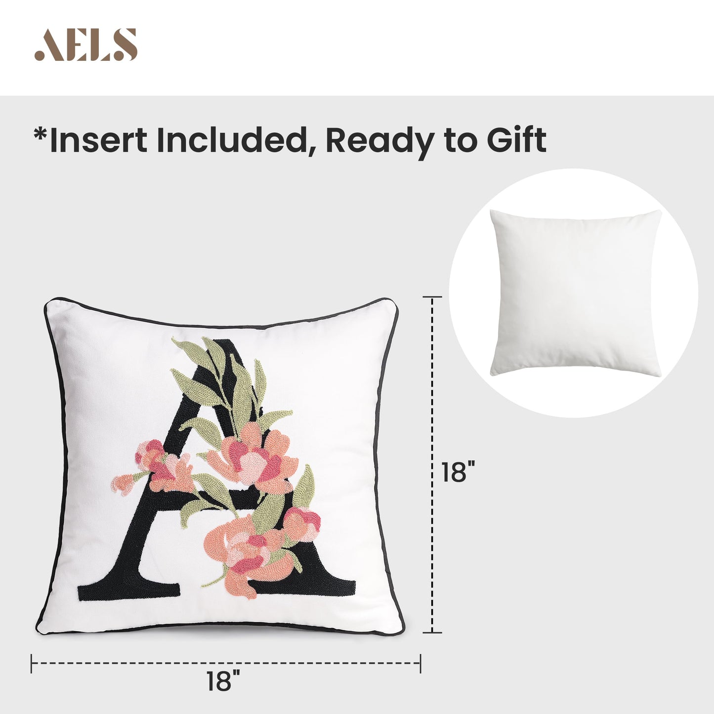 AELS Embroidered Letter Throw Pillow Cover, Chic Modern Botanical Alphabet Cushion Cover with Floral Monogram, 18"x18" Cotton Decorative Pillowcase for Couch, Sofa, Bed, or Living Room Decor, Letter A