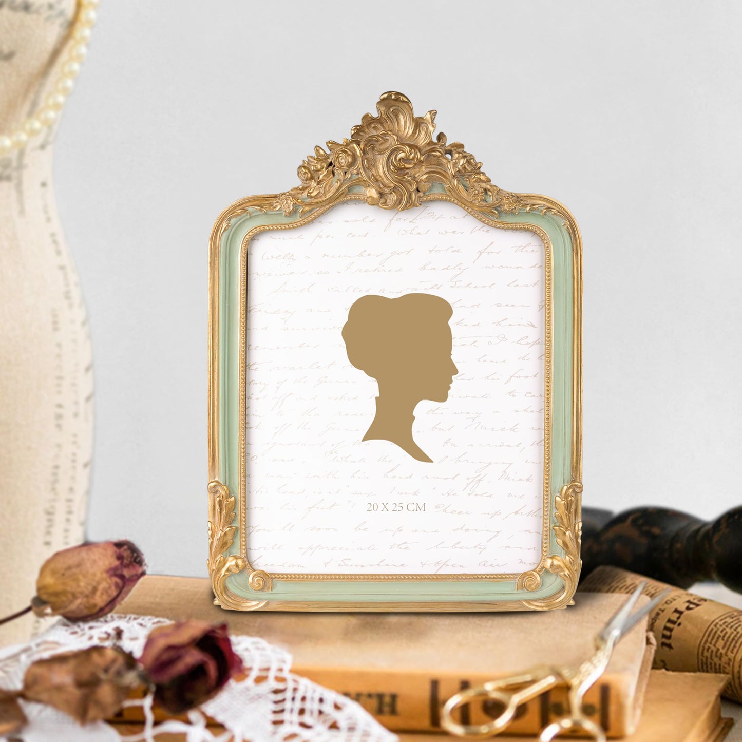 AELS 8x10 Inch Vintage Picture Frame, Elegant Antique Photo Frames with Glass Front, Photo Display, Tabletop Wall Hanging, Gift Ideas, Gold and Sage Green