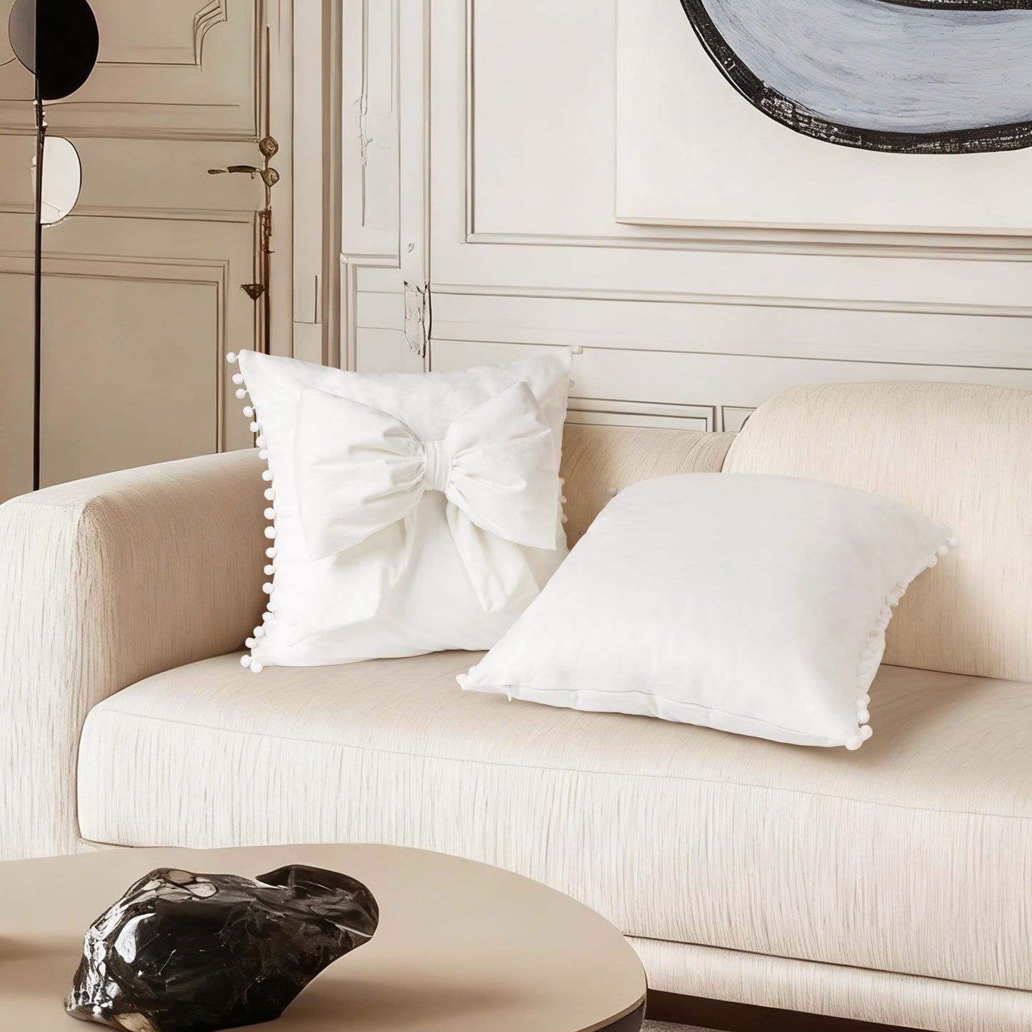 AELS Bow Pillow Cover, 18x18 Bow Decorative Set of 2, Velvet Bowknot Pillow Cover with Pom-poms for Valentine's Day, Wedding, Christmas, Living Room, Bedroom, Nursery Decor, Navy Blue