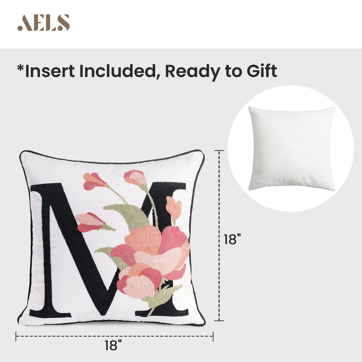 AELS Embroidered Letter Throw Pillow Cover, Chic Modern Botanical Alphabet Cushion Cover with Floral Monogram, 18"x18" Cotton Decorative Pillowcase for Couch, Sofa, Bed, or Living Room Decor, Letter A