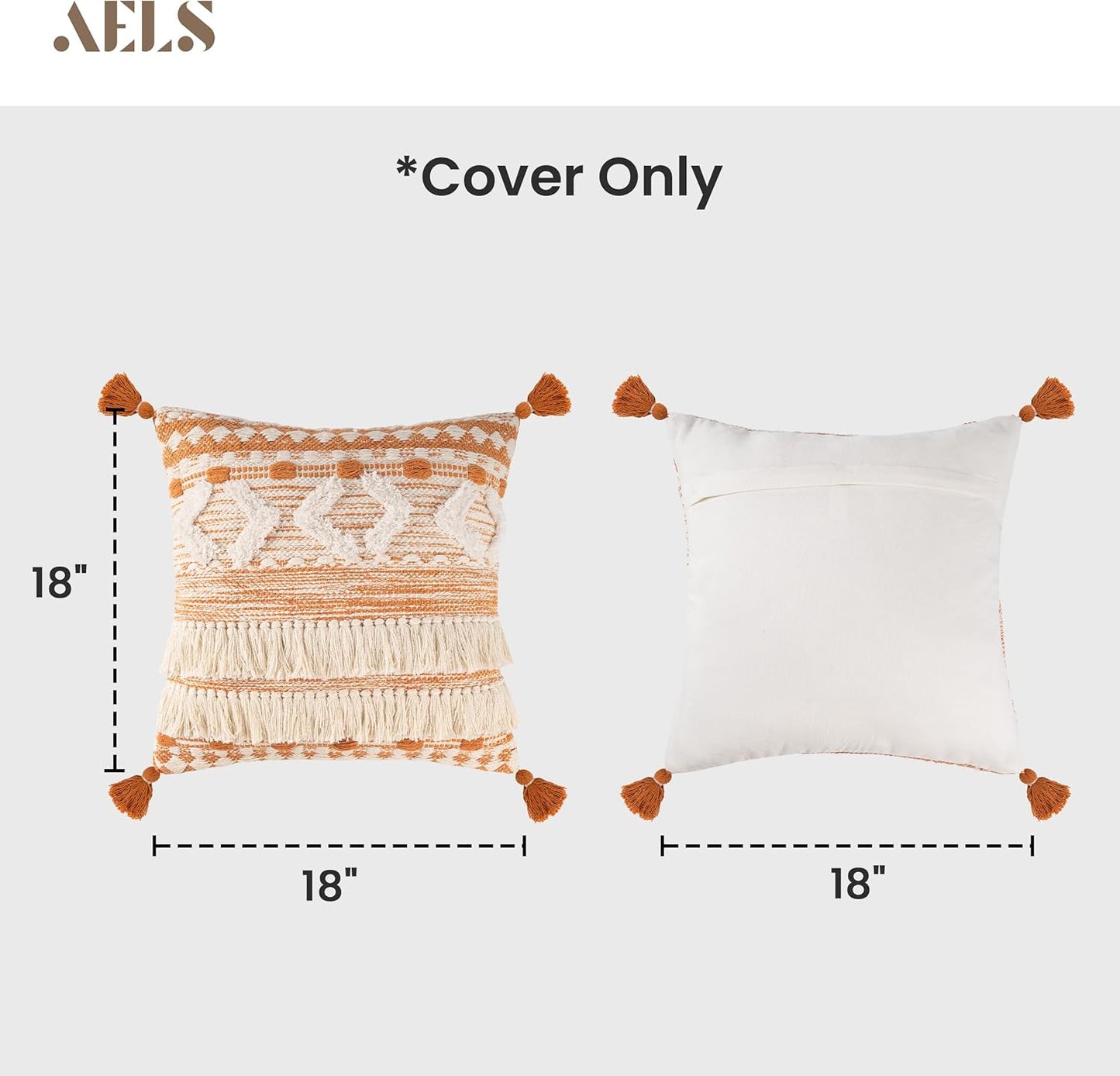AELS Boho Decorative Throw Pillow Covers with Fringes and Tassels 18x18, Mid Century Tufted Accent Pillow Case, Woven Textured Modern Farmhouse Neutral Cushion Case for Bed Couch Sofa, Beige