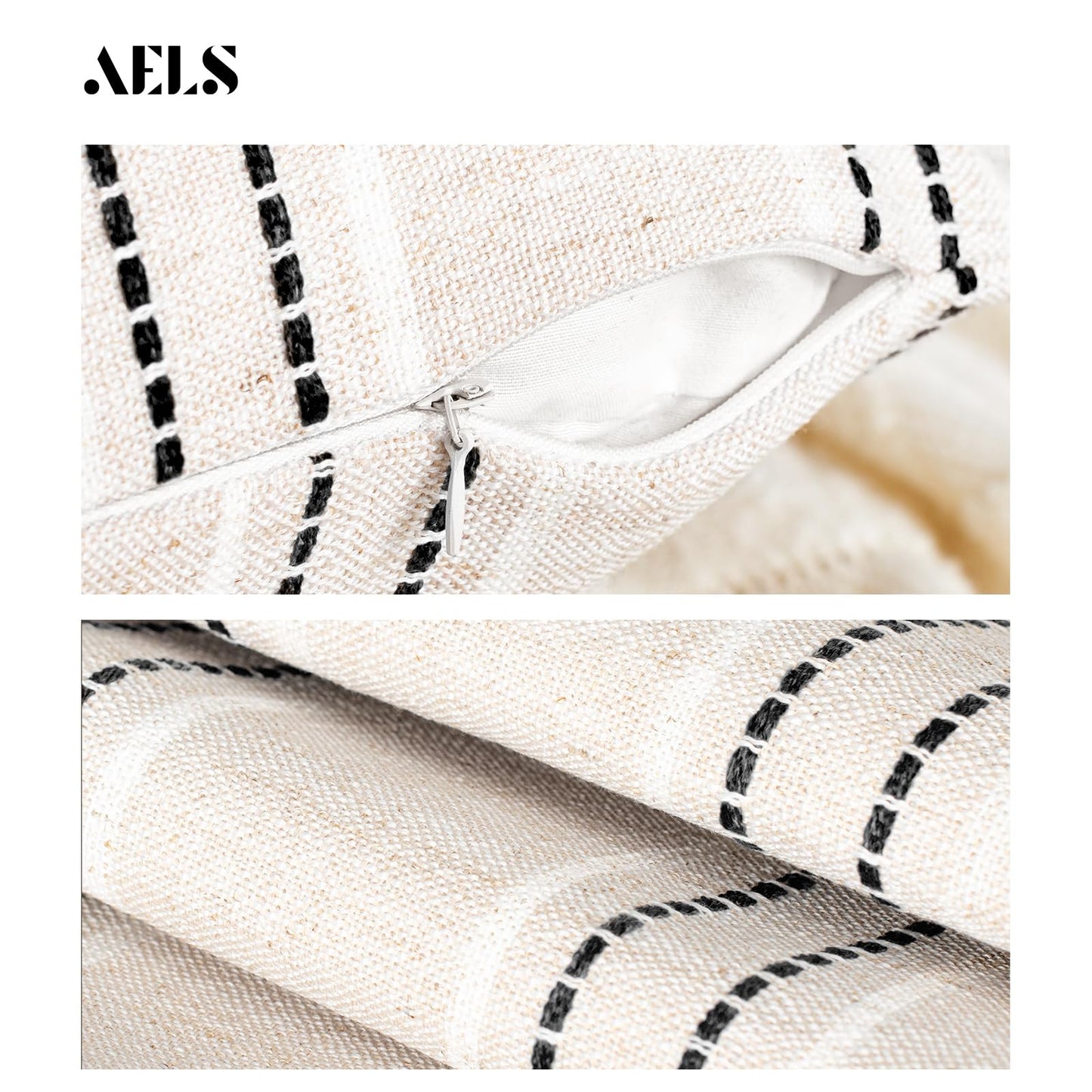AELS 14x36 Decorative Lumbar Throw Pillow Covers, Farmhouse Linen Textured Long Pillow Case, Beige with White & Navy Blue Stitch Boho Cushion Cover for Couch Living Room (Cover ONLY)