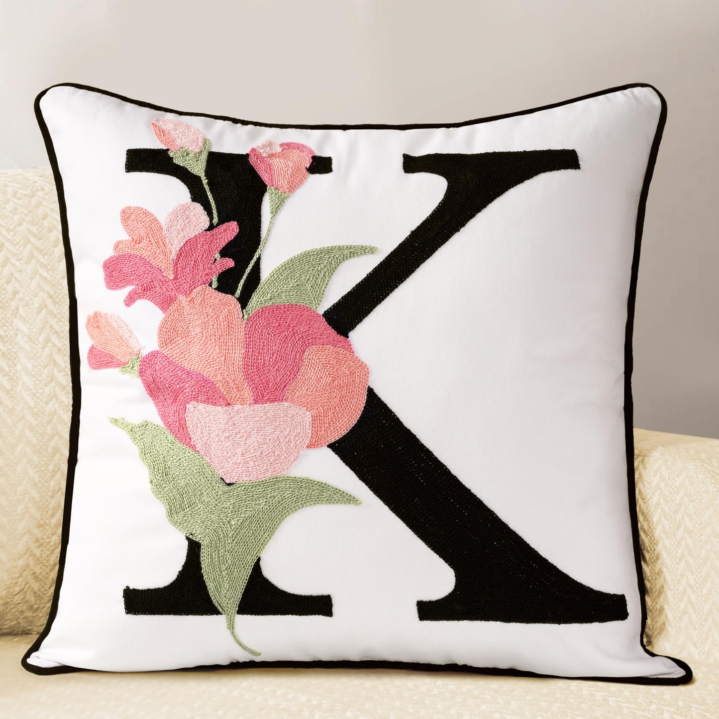 AELS Embroidered Letter Throw Pillow Cover, Chic Modern Botanical Alphabet Cushion Cover with Floral Monogram, 18"x18" Cotton Decorative Pillowcase for Couch, Sofa, Bed, or Living Room Decor, Letter A