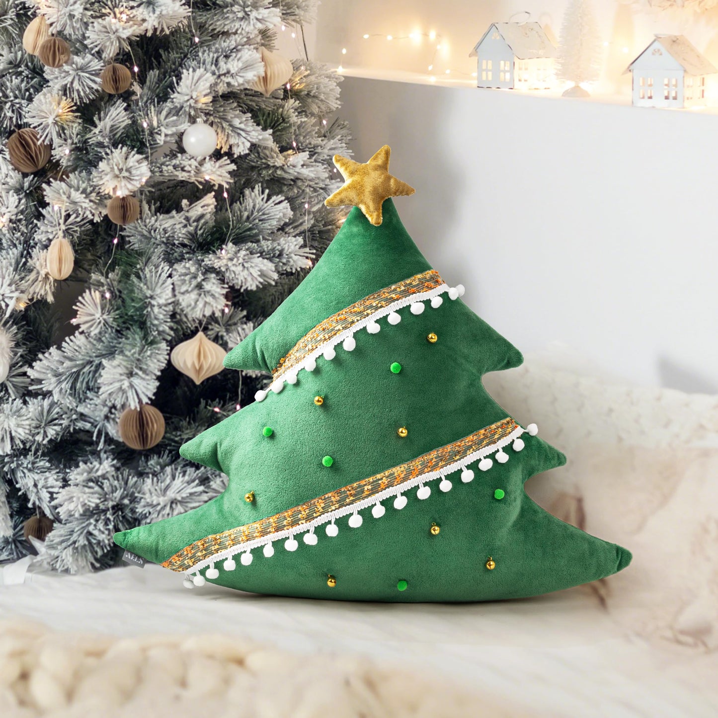 AELS Christmas Tree Decorative Throw Pillow, 19.6 & 15.7 Inch Holiday Throw Pillows for Christmas Decor, Plush Tree Shaped Decorative Pillows for Living Room Bedroom Sofa, Green