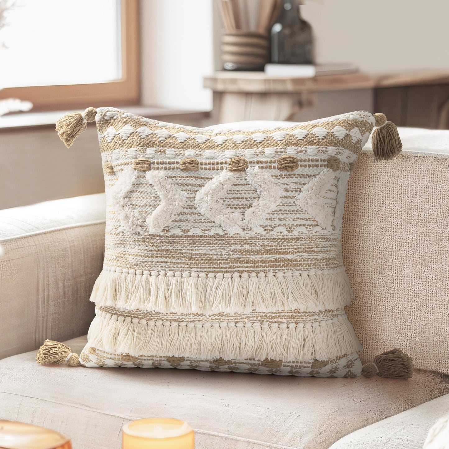 AELS Boho Decorative Throw Pillow Covers with Fringes and Tassels 18x18, Mid Century Tufted Accent Pillow Case, Woven Textured Modern Farmhouse Neutral Cushion Case for Bed Couch Sofa, Beige