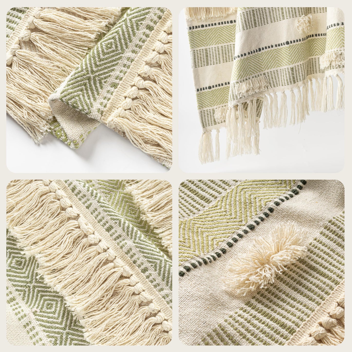 AELS Decorative Boho Striped Textured Throw Blanket with Fringes & Tassels 50" x 60" for Couch Sofa Bed, Mid Century Tufted Blanket, Beige & Sage Green, Fringed Bohimian Throw Blanket
