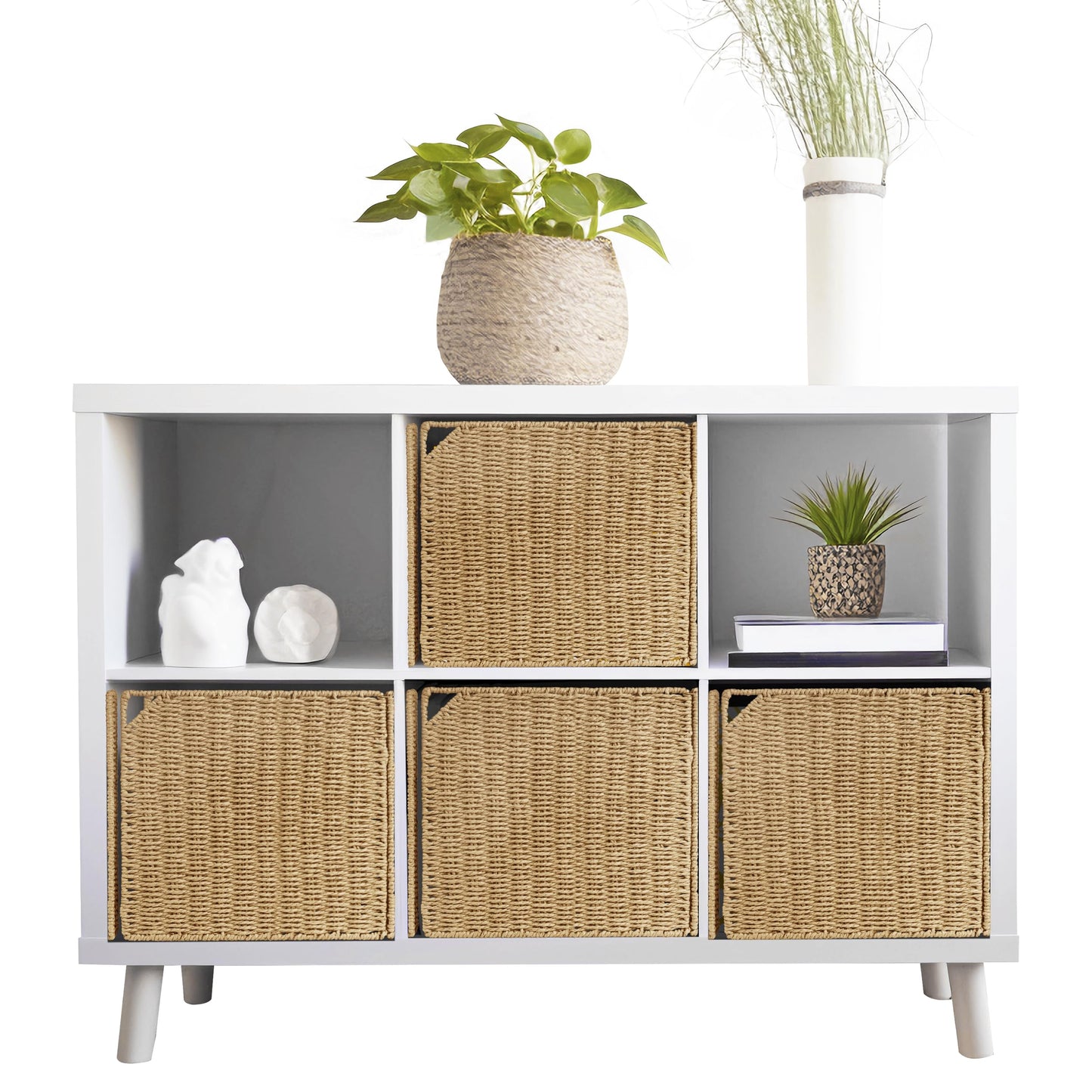 AELS 13" Handwoven Natural Fibre Doors for Cube Storage Shelf, Set of 4, Boho Straw Shelf Cover for Bookcase & Open Bookshelf, Rustic Farmhouse Home Decor, fit IKEA Kallax Shelf, Beige (Door ONLY)