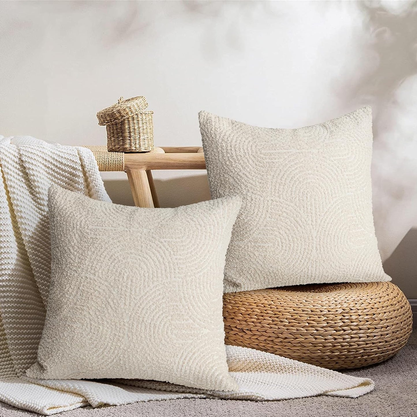 AELS Boho Decorative Textured Throw Pillow Covers 18x18, Modern Mid Century Rainbow Tufted Pillow Case, Farmhouse Rustic Geometric Woven Cushion Case for Bed Couch Sofa, Creamy White