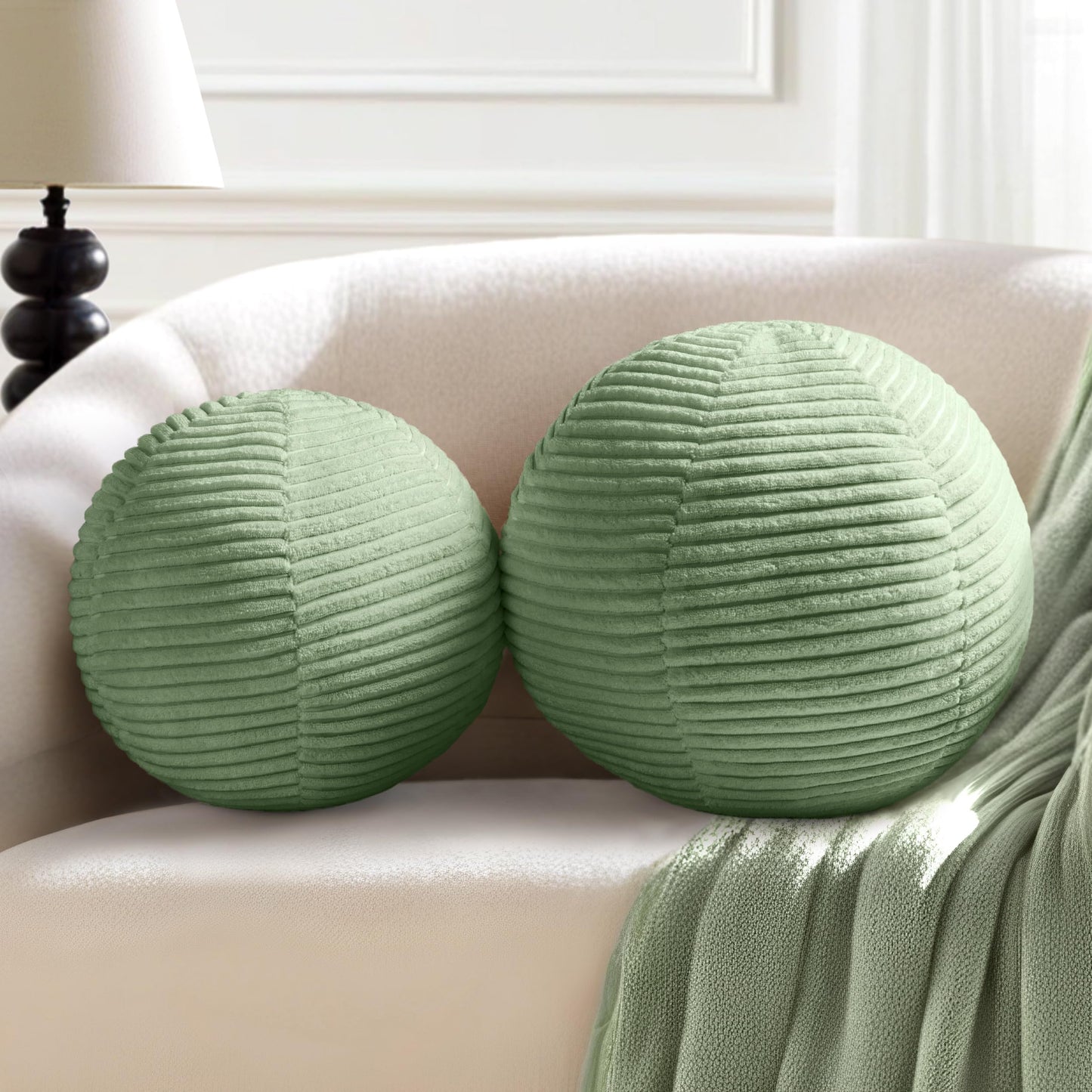 AELS Round Decorative Throw Pillows, Set of 2, 11.8"& 10" Corduroy Striped Ball Pillow Set for Couch Sofa Living Room Bedroom Nursery Decor, Mid Century Modern Home Decor, Sage Green