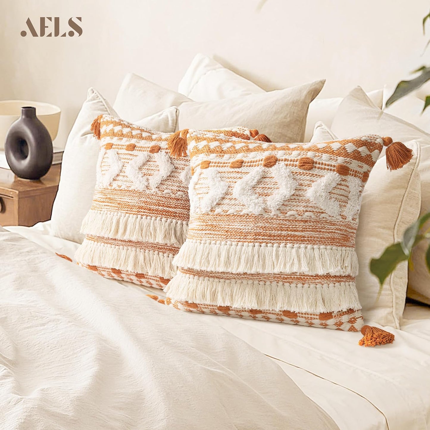 AELS Boho Decorative Throw Pillow Covers with Fringes and Tassels 18x18, Mid Century Tufted Accent Pillow Case, Woven Textured Modern Farmhouse Neutral Cushion Case for Bed Couch Sofa, Beige