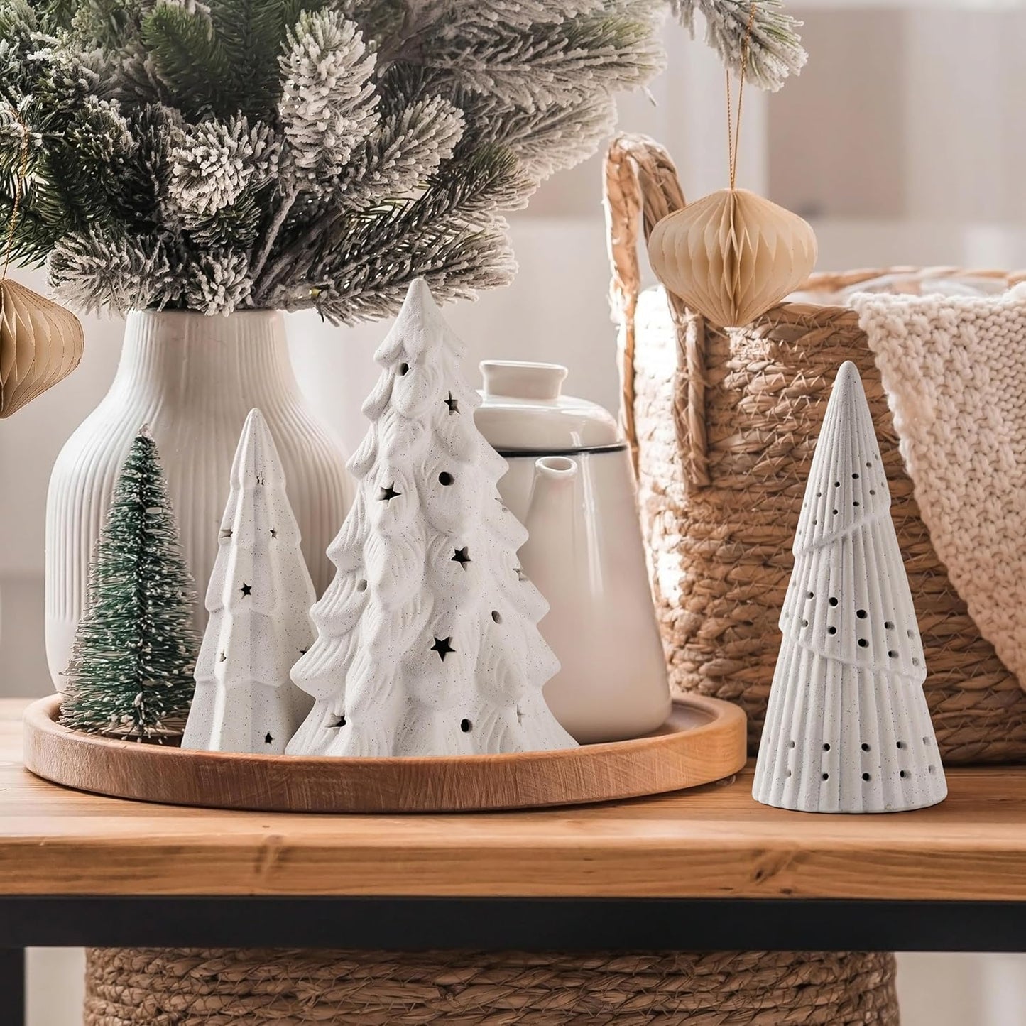 AELS Cordless Lighted Ceramic Christmas Tree, Set of 3, Matte White Tabletop Xmas Figurines Decorations with Lights for Christmas Holiday Decor, White Christmas Decorations