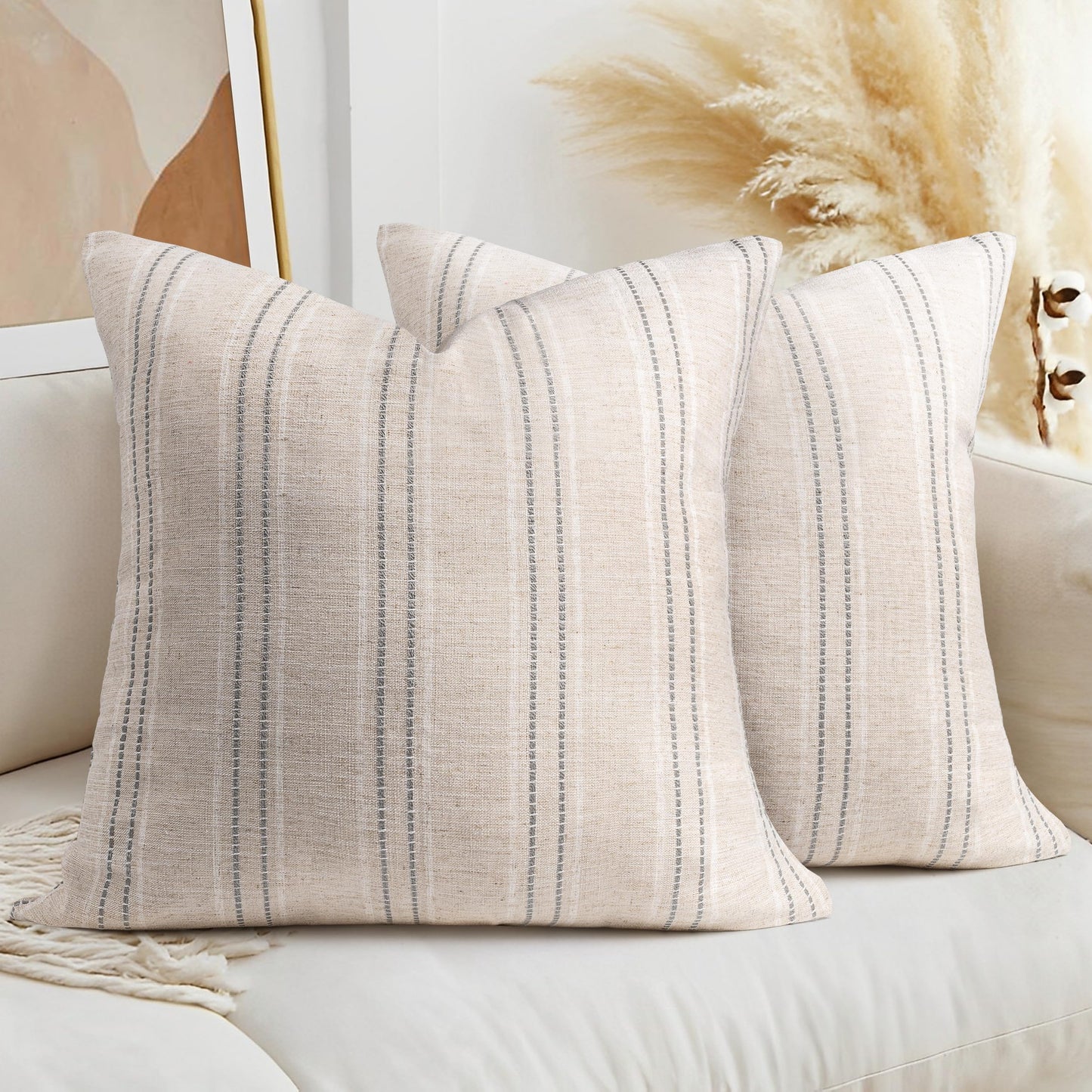 AELS 14x36 Decorative Lumbar Throw Pillow Covers, Farmhouse Linen Textured Long Pillow Case, Beige with White & Navy Blue Stitch Boho Cushion Cover for Couch Living Room (Cover ONLY)