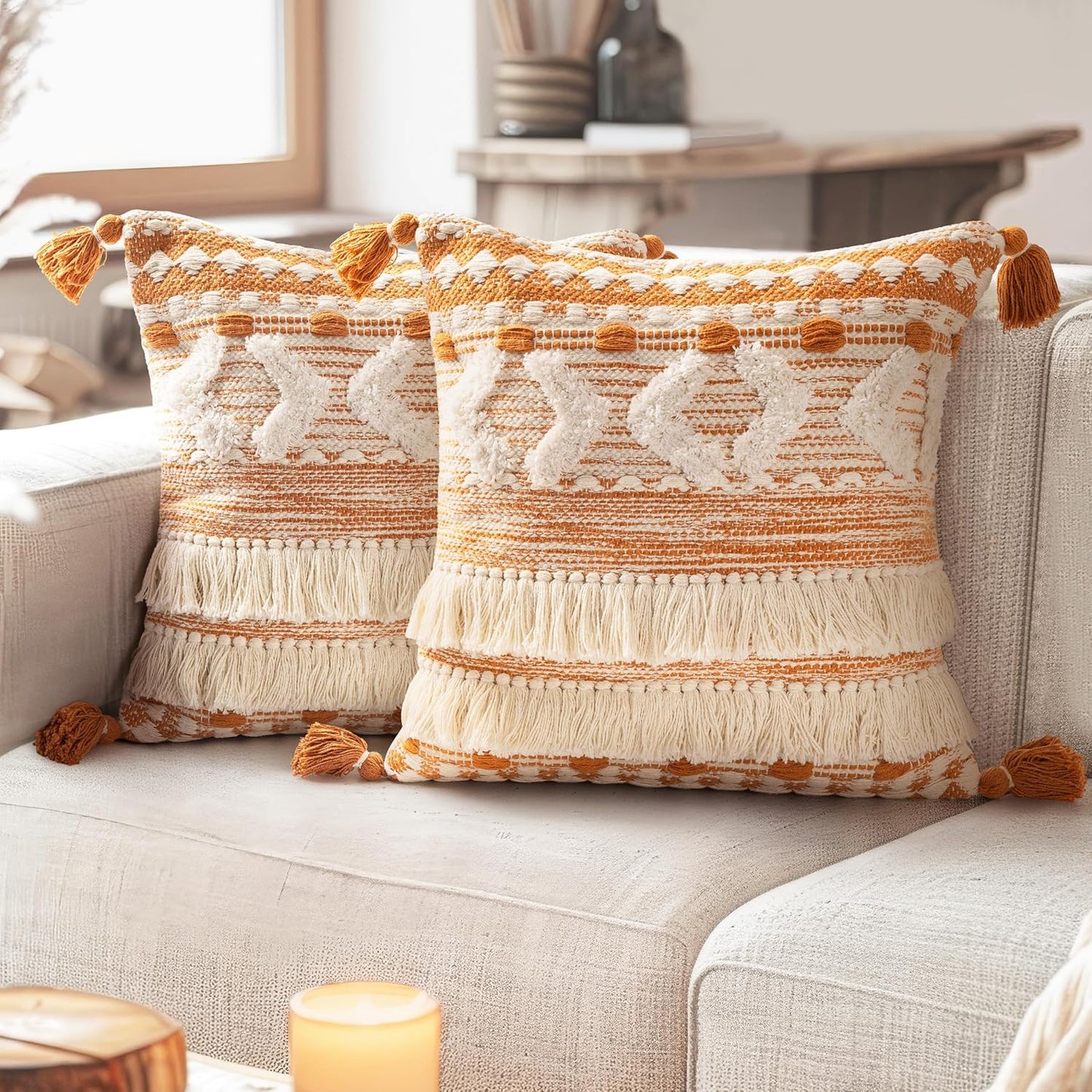 AELS Boho Decorative Throw Pillow Covers with Fringes and Tassels 18x18, Mid Century Tufted Accent Pillow Case, Woven Textured Modern Farmhouse Neutral Cushion Case for Bed Couch Sofa, Beige