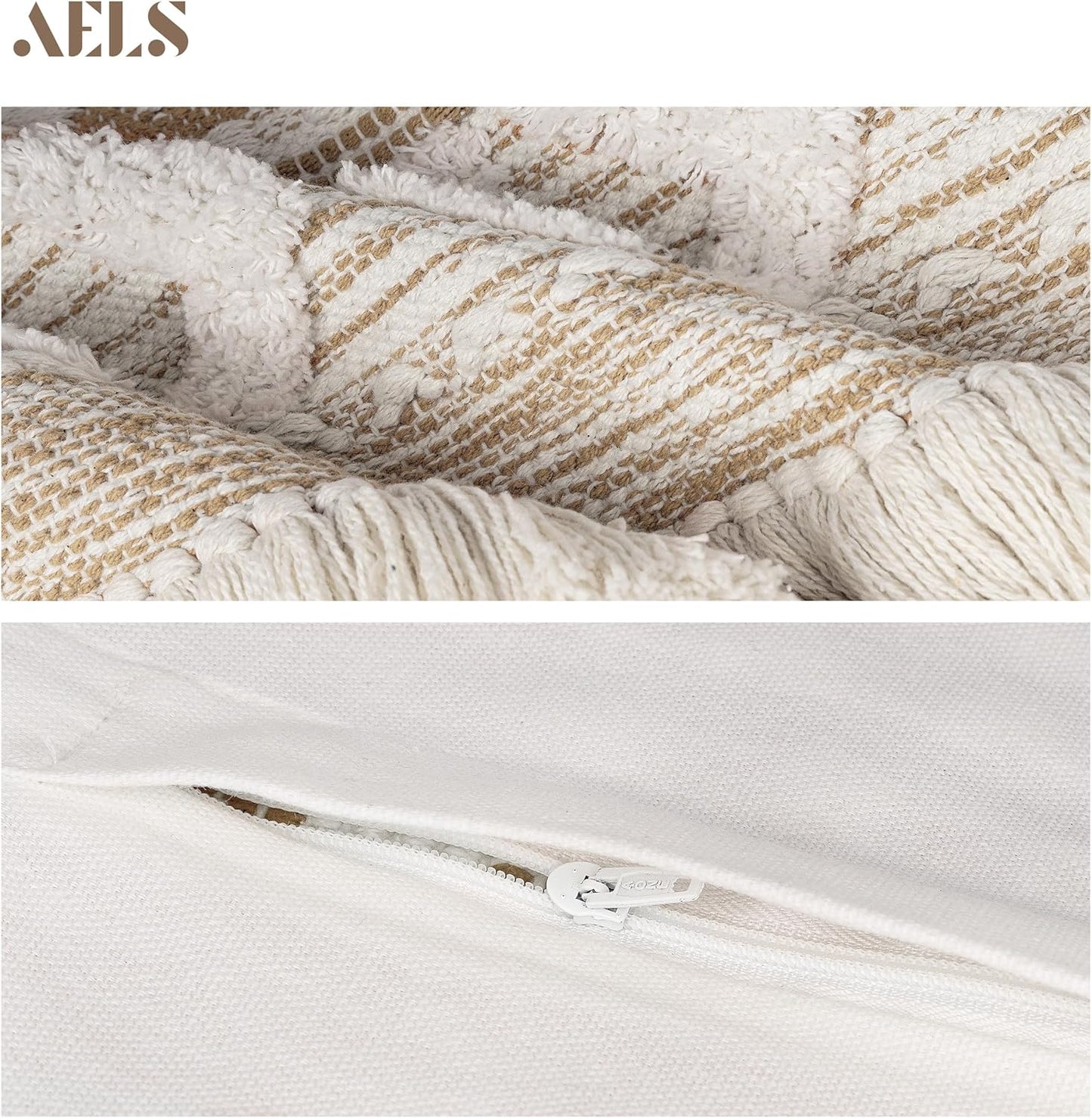 AELS Boho Decorative Throw Pillow Covers with Fringes and Tassels 18x18, Mid Century Tufted Accent Pillow Case, Woven Textured Modern Farmhouse Neutral Cushion Case for Bed Couch Sofa, Beige