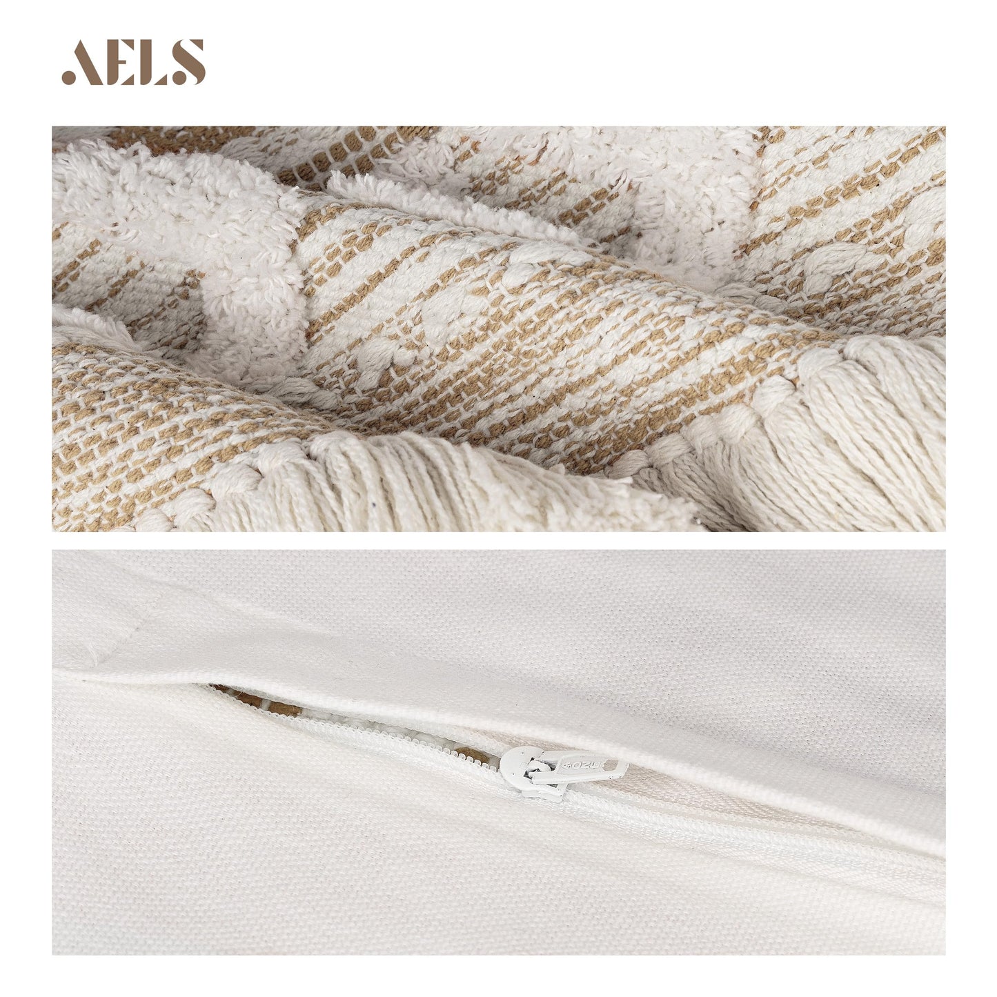 AELS Boho Decorative Throw Pillow Covers with Fringes and Tassels 18x18, Mid Century Tufted Accent Pillow Case, Woven Textured Modern Farmhouse Neutral Cushion Case for Bed Couch Sofa, Beige