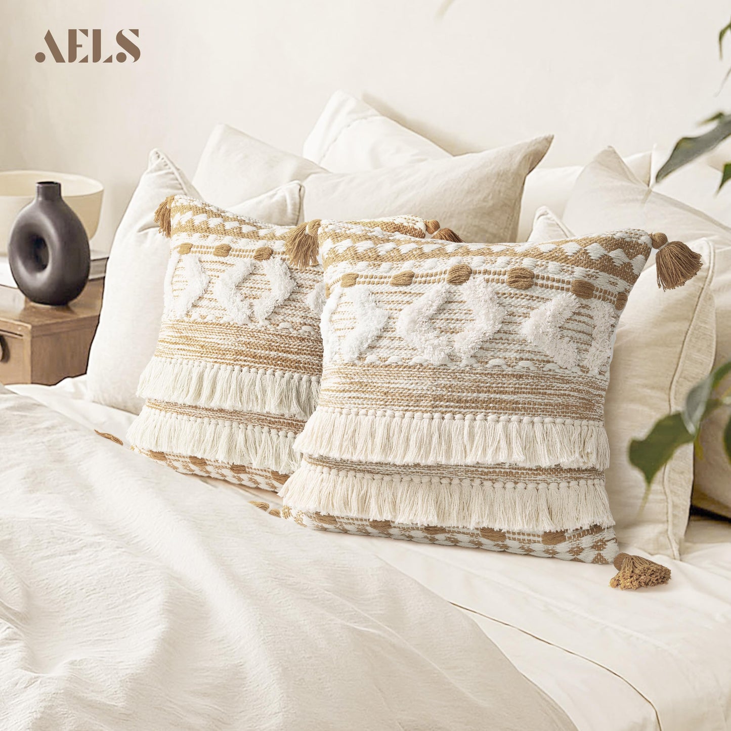 AELS Boho Decorative Throw Pillow Covers with Fringes and Tassels 18x18, Mid Century Tufted Accent Pillow Case, Woven Textured Modern Farmhouse Neutral Cushion Case for Bed Couch Sofa, Beige