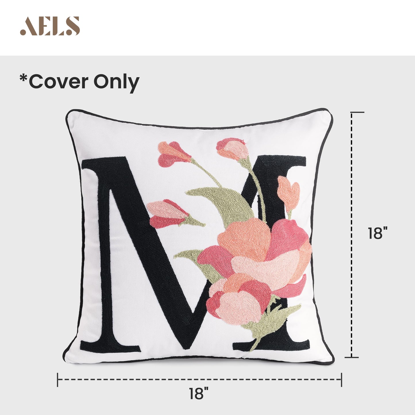 AELS Embroidered Letter Throw Pillow Cover, Chic Modern Botanical Alphabet Cushion Cover with Floral Monogram, 18"x18" Cotton Decorative Pillowcase for Couch, Sofa, Bed, or Living Room Decor, Letter A