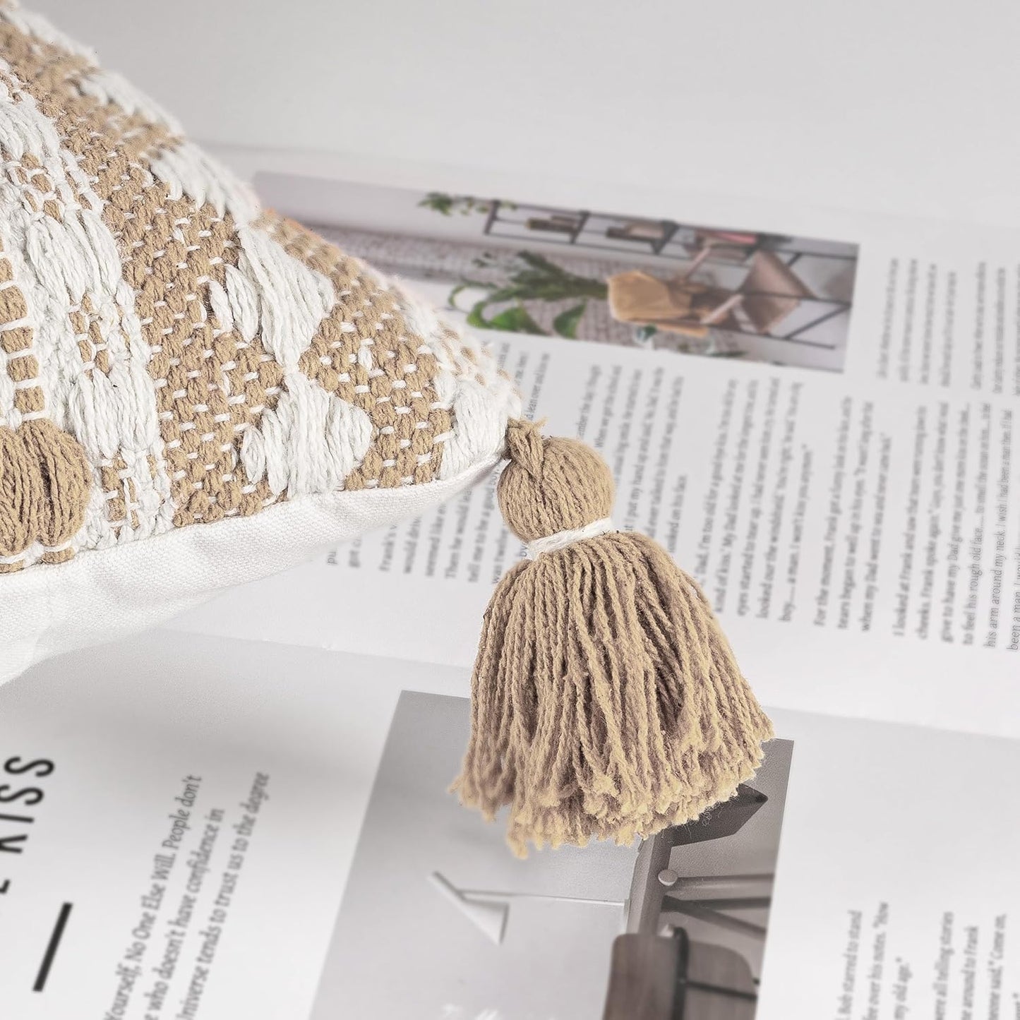 AELS Boho Decorative Throw Pillow Covers with Fringes and Tassels 18x18, Mid Century Tufted Accent Pillow Case, Woven Textured Modern Farmhouse Neutral Cushion Case for Bed Couch Sofa, Beige