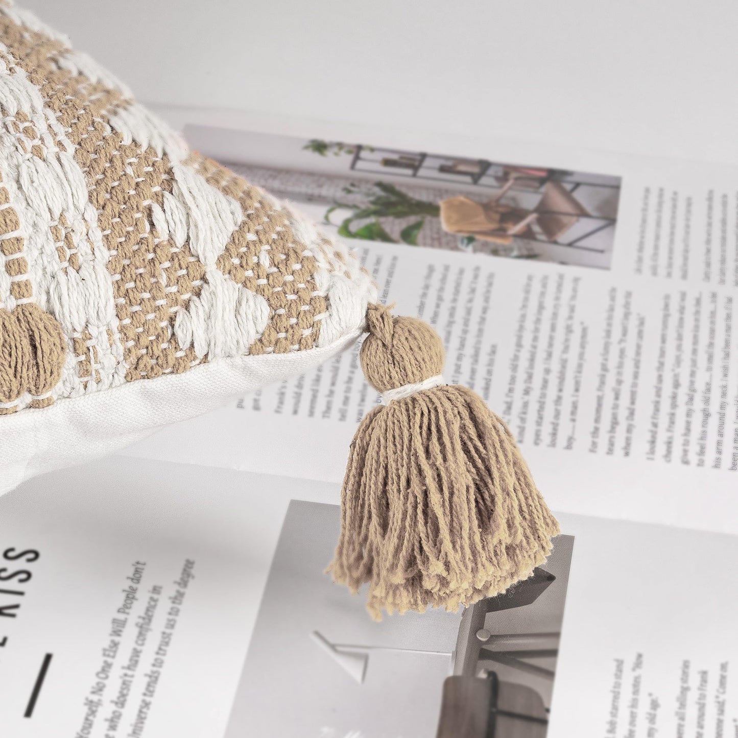 AELS Boho Decorative Throw Pillow Covers with Fringes and Tassels 18x18, Mid Century Tufted Accent Pillow Case, Woven Textured Modern Farmhouse Neutral Cushion Case for Bed Couch Sofa, Beige