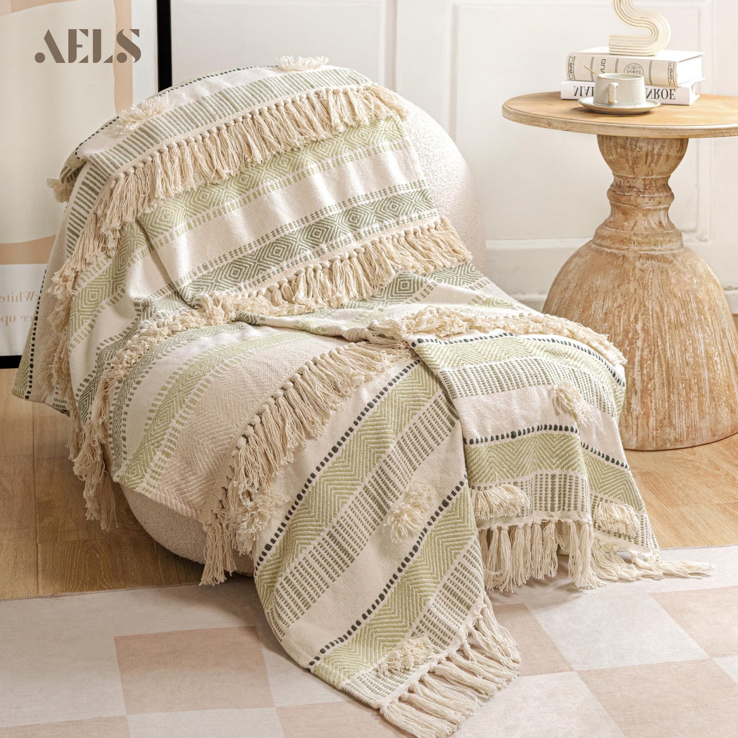 AELS Decorative Boho Striped Textured Throw Blanket with Fringes & Tassels 50" x 60" for Couch Sofa Bed, Mid Century Tufted Blanket, Beige & Sage Green, Fringed Bohimian Throw Blanket