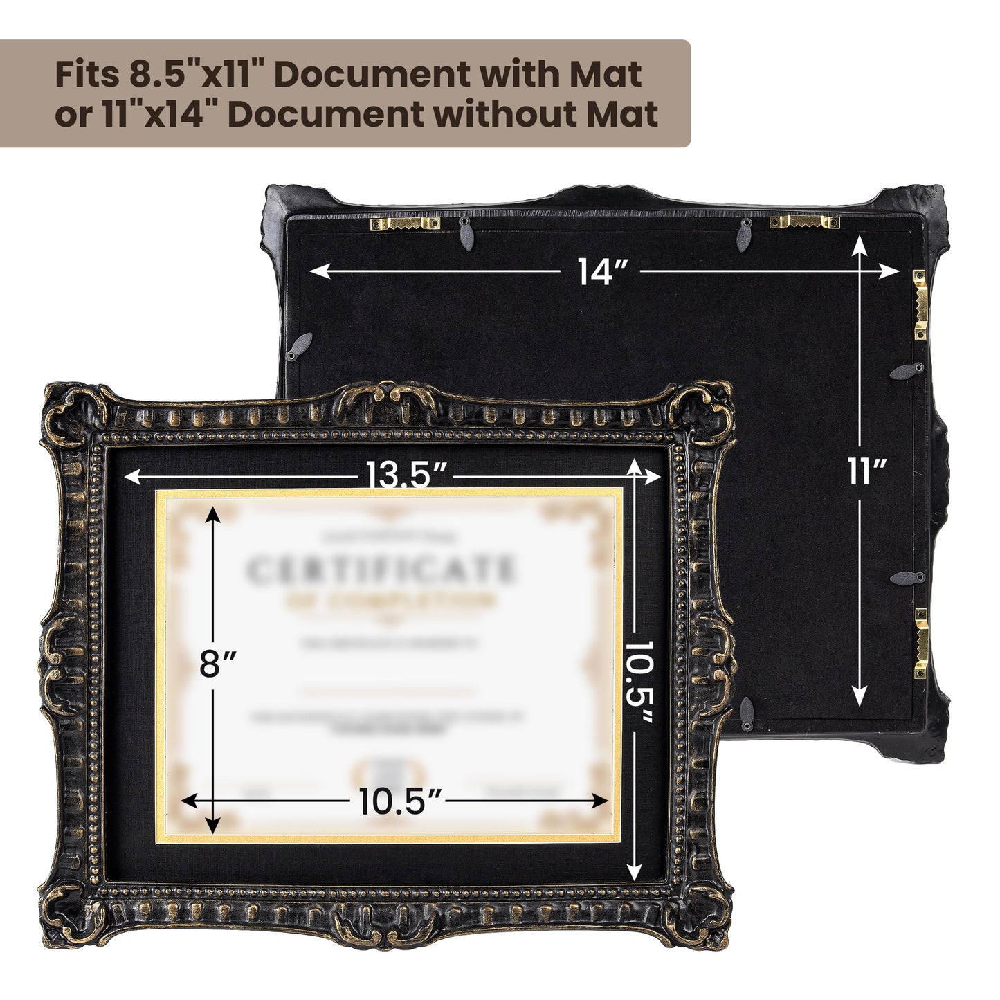 AELS 11" x 14" Diploma Frame for Wall and Tabletop Display, Vintage College Degree Document Certificate Frame with HD Glass, Fits 8.5" x 11" Certificates with Mat or 11" x 14" without Mat, Black with Gold Trim