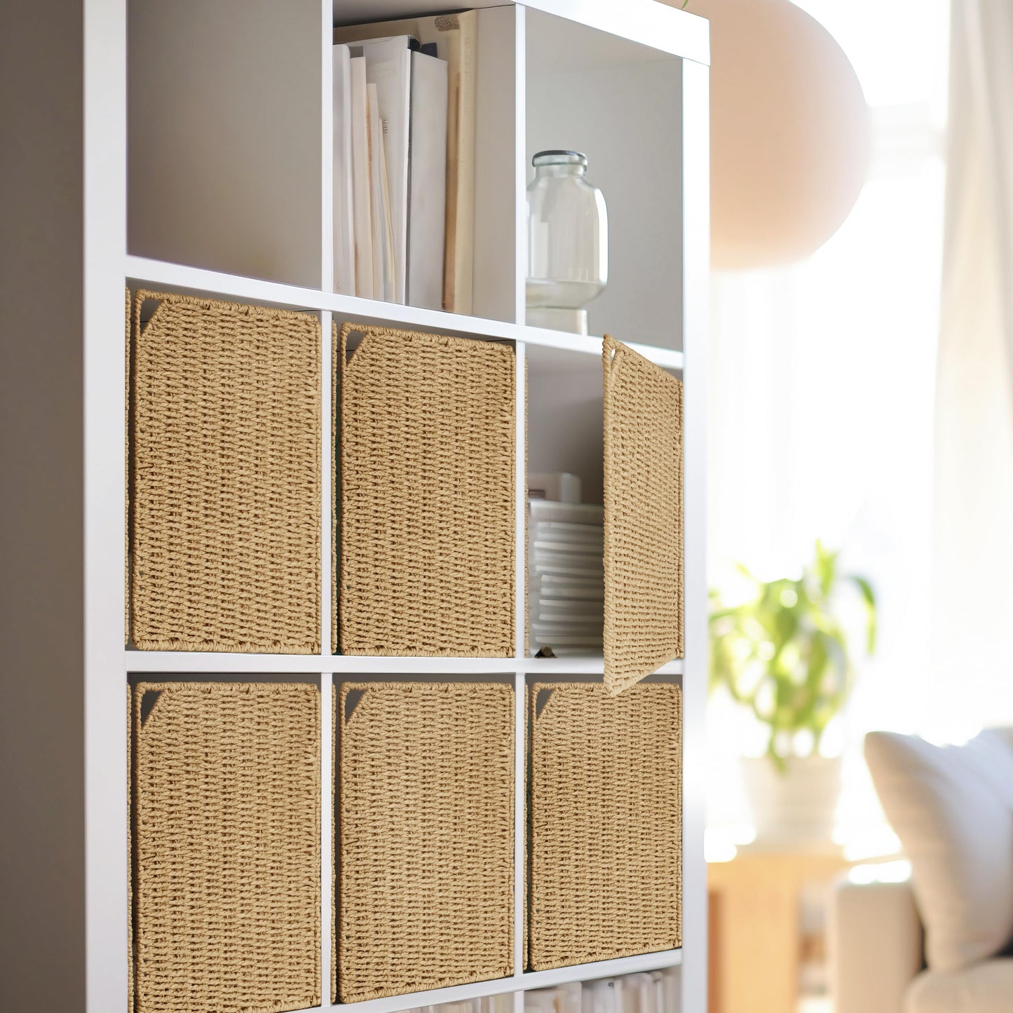 AELS 13" Handwoven Natural Fibre Doors for Cube Storage Shelf, Set of 4, Boho Straw Shelf Cover for Bookcase & Open Bookshelf, Rustic Farmhouse Home Decor, fit IKEA Kallax Shelf, Beige (Door ONLY)