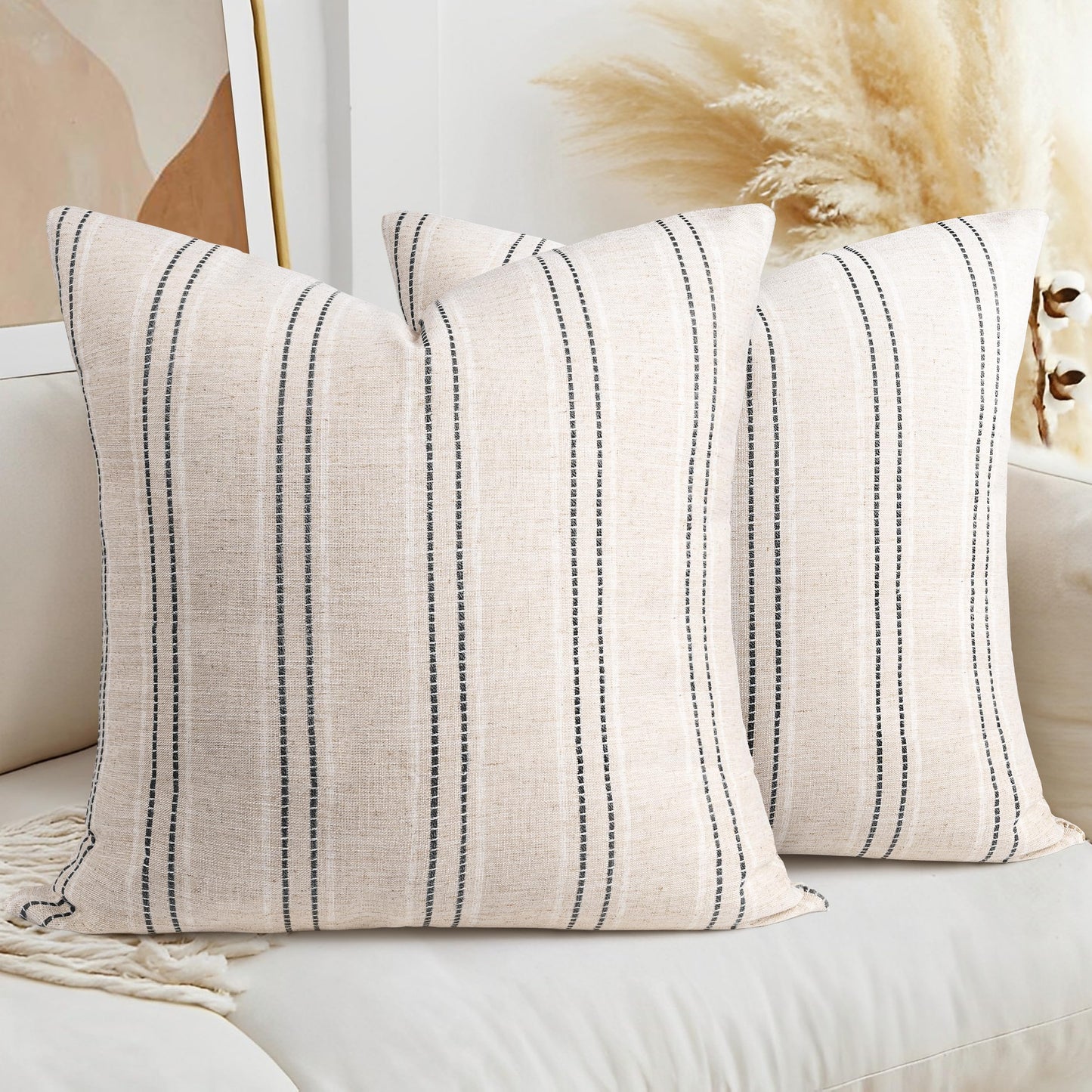 AELS 14x36 Decorative Lumbar Throw Pillow Covers, Farmhouse Linen Textured Long Pillow Case, Beige with White & Navy Blue Stitch Boho Cushion Cover for Couch Living Room (Cover ONLY)