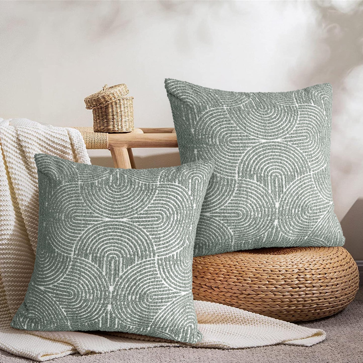 AELS Boho Decorative Textured Throw Pillow Covers 18x18, Modern Mid Century Rainbow Tufted Pillow Case, Farmhouse Rustic Geometric Woven Cushion Case for Bed Couch Sofa, Creamy White