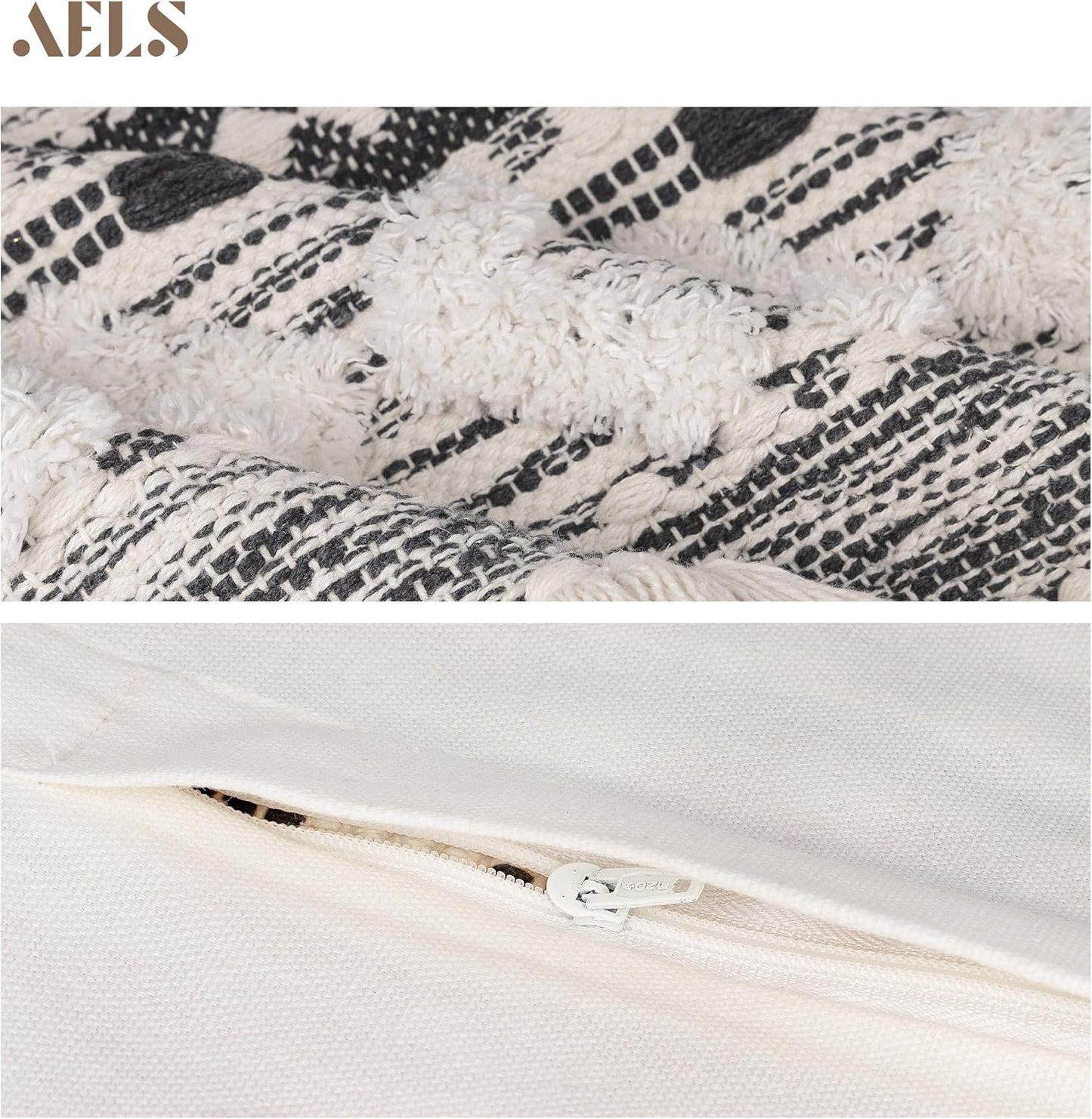 AELS Boho Decorative Throw Pillow Covers with Fringes and Tassels 18x18, Mid Century Tufted Accent Pillow Case, Woven Textured Modern Farmhouse Neutral Cushion Case for Bed Couch Sofa, Beige