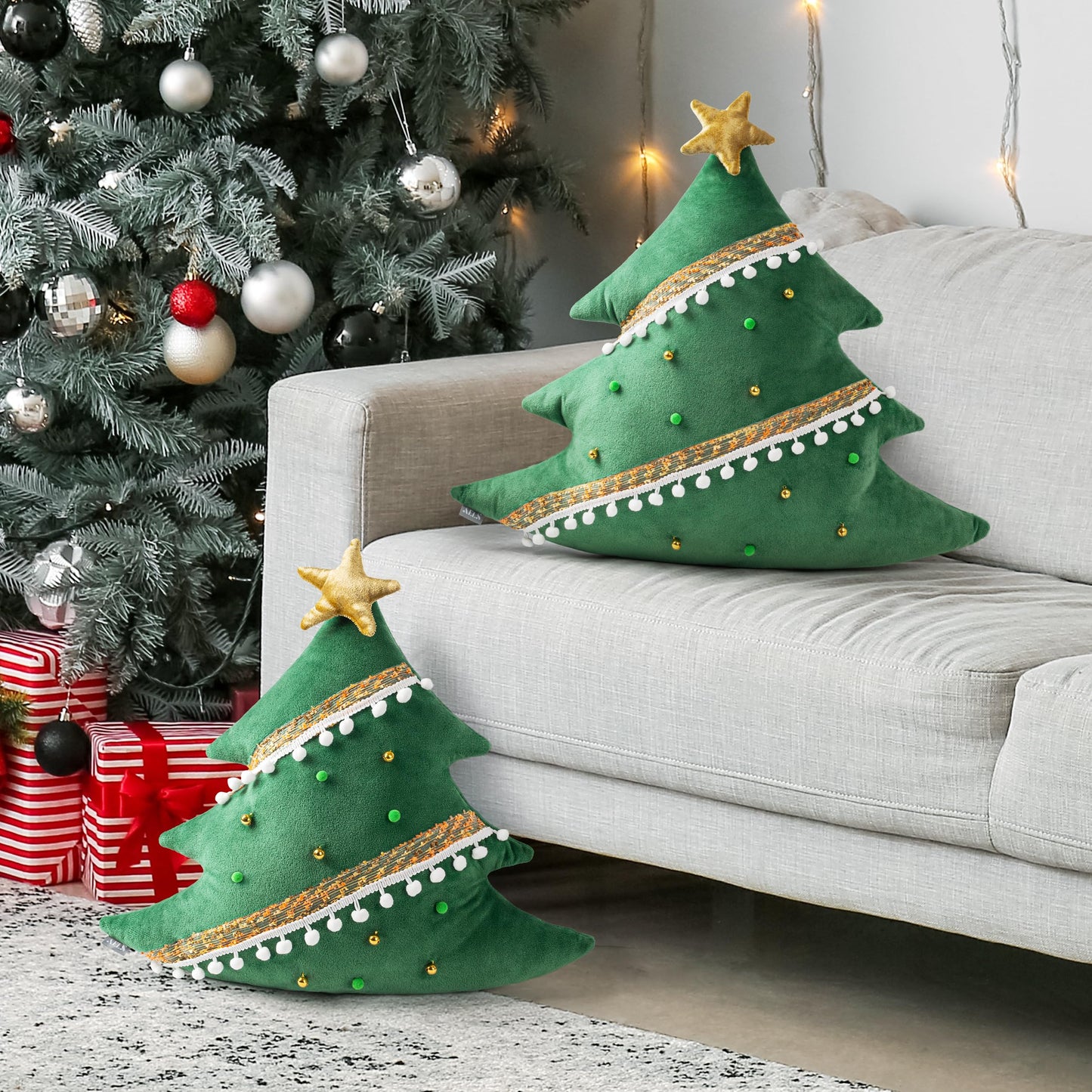 AELS Christmas Tree Decorative Throw Pillow, 19.6 & 15.7 Inch Holiday Throw Pillows for Christmas Decor, Plush Tree Shaped Decorative Pillows for Living Room Bedroom Sofa, Green