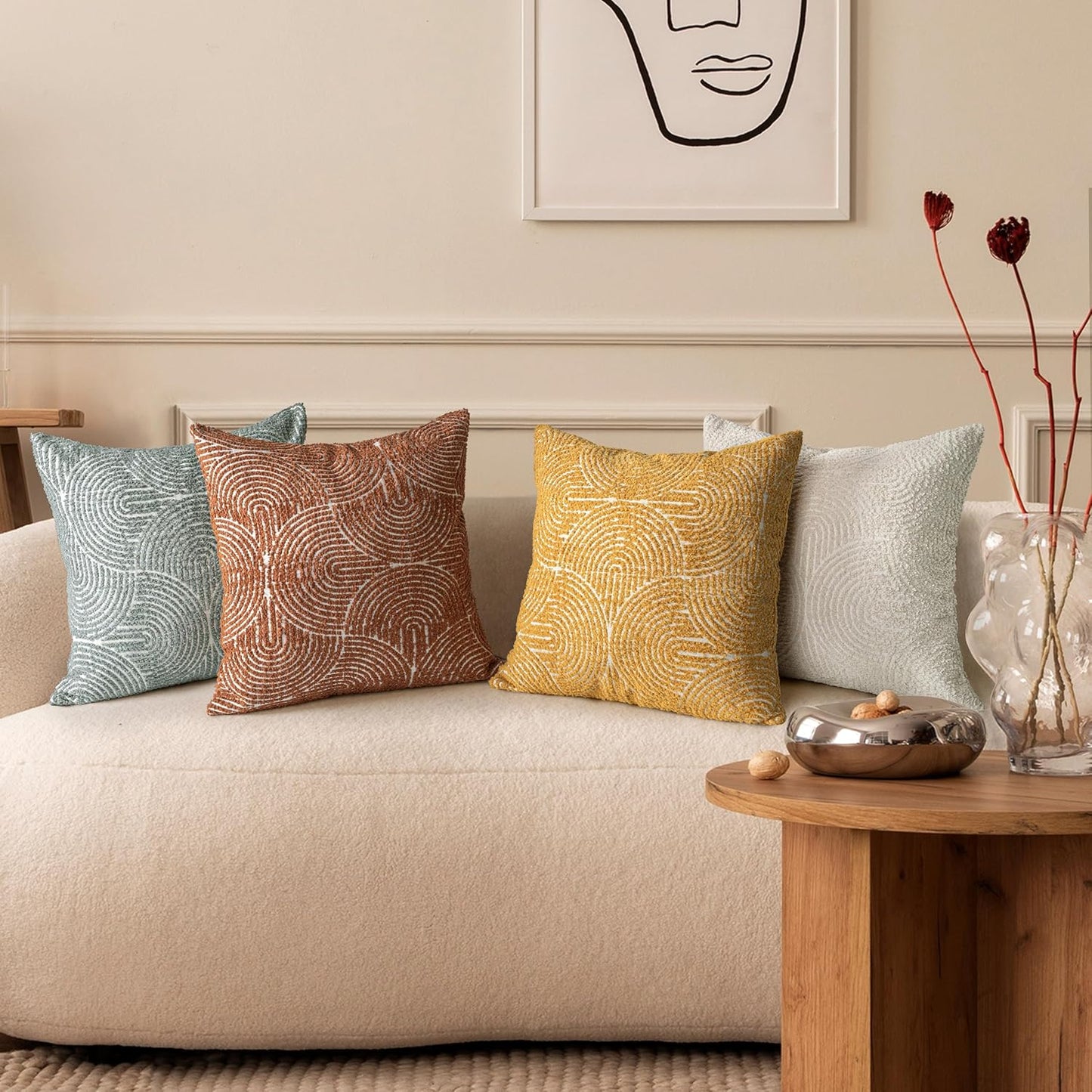 AELS Boho Decorative Textured Throw Pillow Covers 18x18, Modern Mid Century Rainbow Tufted Pillow Case, Farmhouse Rustic Geometric Woven Cushion Case for Bed Couch Sofa, Creamy White