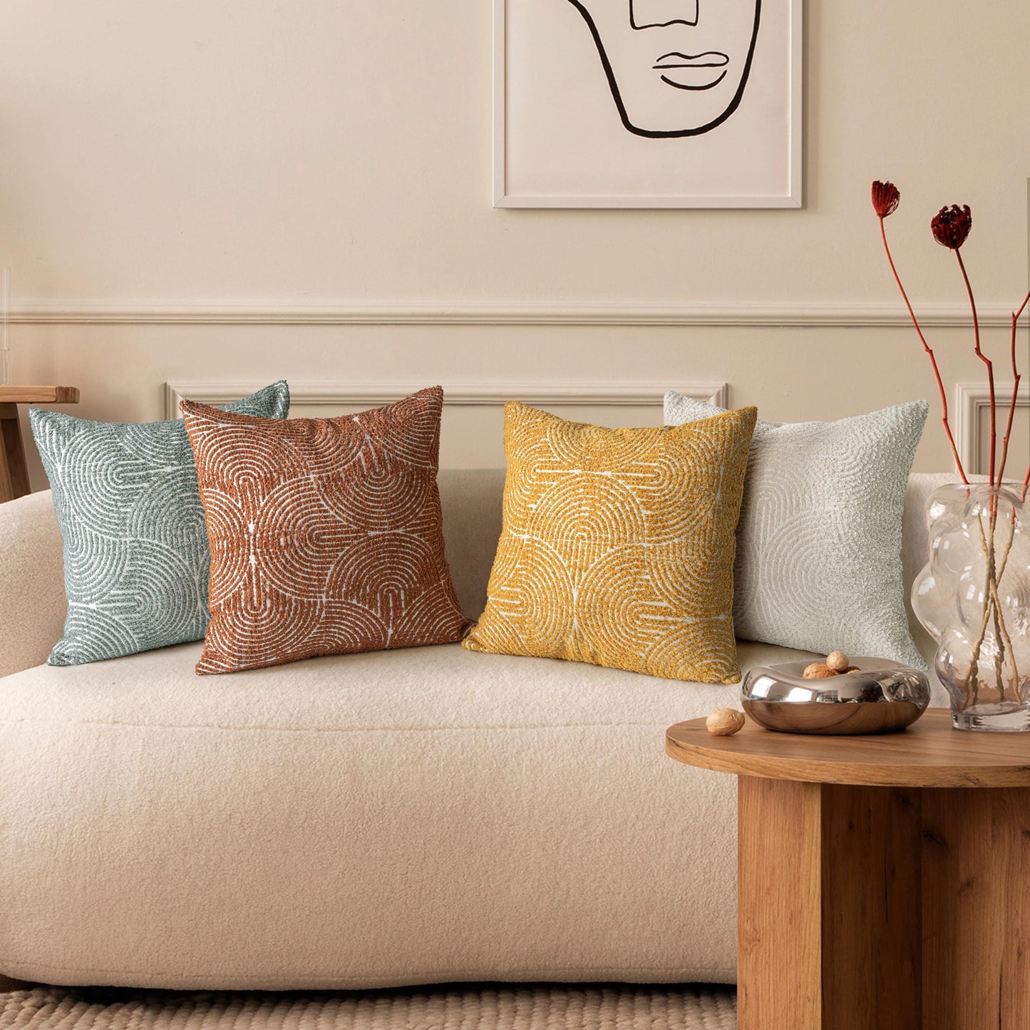 AELS Boho Decorative Textured Throw Pillow Covers 18x18, Modern Mid Century Rainbow Tufted Pillow Case, Farmhouse Rustic Geometric Woven Cushion Case for Bed Couch Sofa, Creamy White
