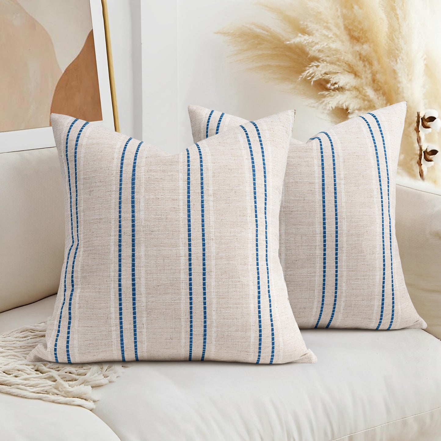 AELS 14x36 Decorative Lumbar Throw Pillow Covers, Farmhouse Linen Textured Long Pillow Case, Beige with White & Navy Blue Stitch Boho Cushion Cover for Couch Living Room (Cover ONLY)