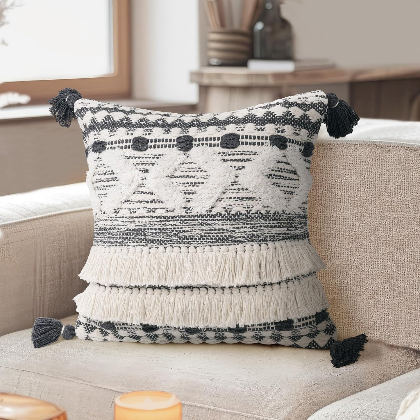 AELS Boho Decorative Throw Pillow Covers with Fringes and Tassels 18x18, Mid Century Tufted Accent Pillow Case, Woven Textured Modern Farmhouse Neutral Cushion Case for Bed Couch Sofa, Beige