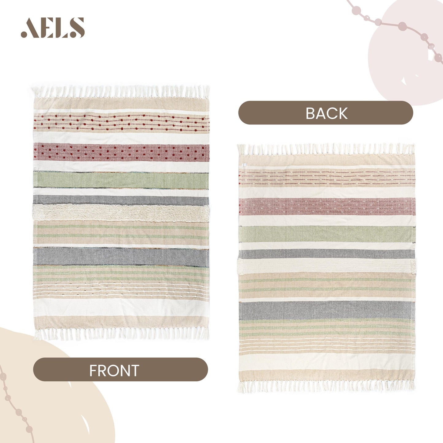 AELS Decorative Boho Striped Textured Throw Blanket with Fringes & Tassels 50" x 60" for Couch Sofa Bed, Mid Century Tufted Blanket, Beige & Sage Green, Fringed Bohimian Throw Blanket