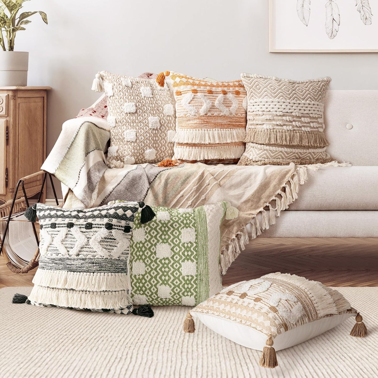 AELS Boho Decorative Throw Pillow Covers with Fringes and Tassels 18x18, Mid Century Tufted Accent Pillow Case, Woven Textured Modern Farmhouse Neutral Cushion Case for Bed Couch Sofa, Beige
