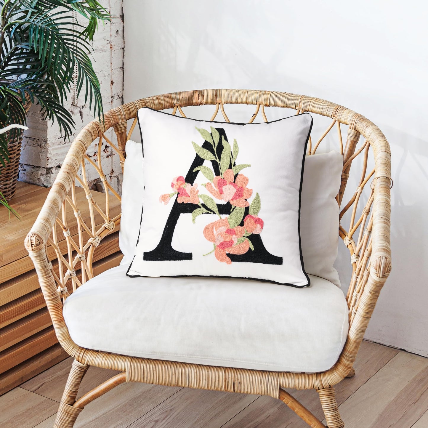 AELS Embroidered Letter Throw Pillow Cover, Chic Modern Botanical Alphabet Cushion Cover with Floral Monogram, 18"x18" Cotton Decorative Pillowcase for Couch, Sofa, Bed, or Living Room Decor, Letter A