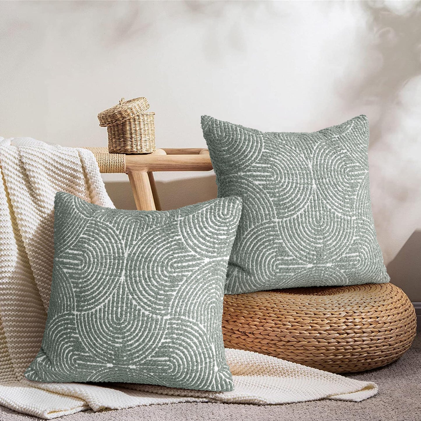 AELS Boho Decorative Textured Throw Pillow Covers 18x18, Modern Mid Century Rainbow Tufted Pillow Case, Farmhouse Rustic Geometric Woven Cushion Case for Bed Couch Sofa, Creamy White