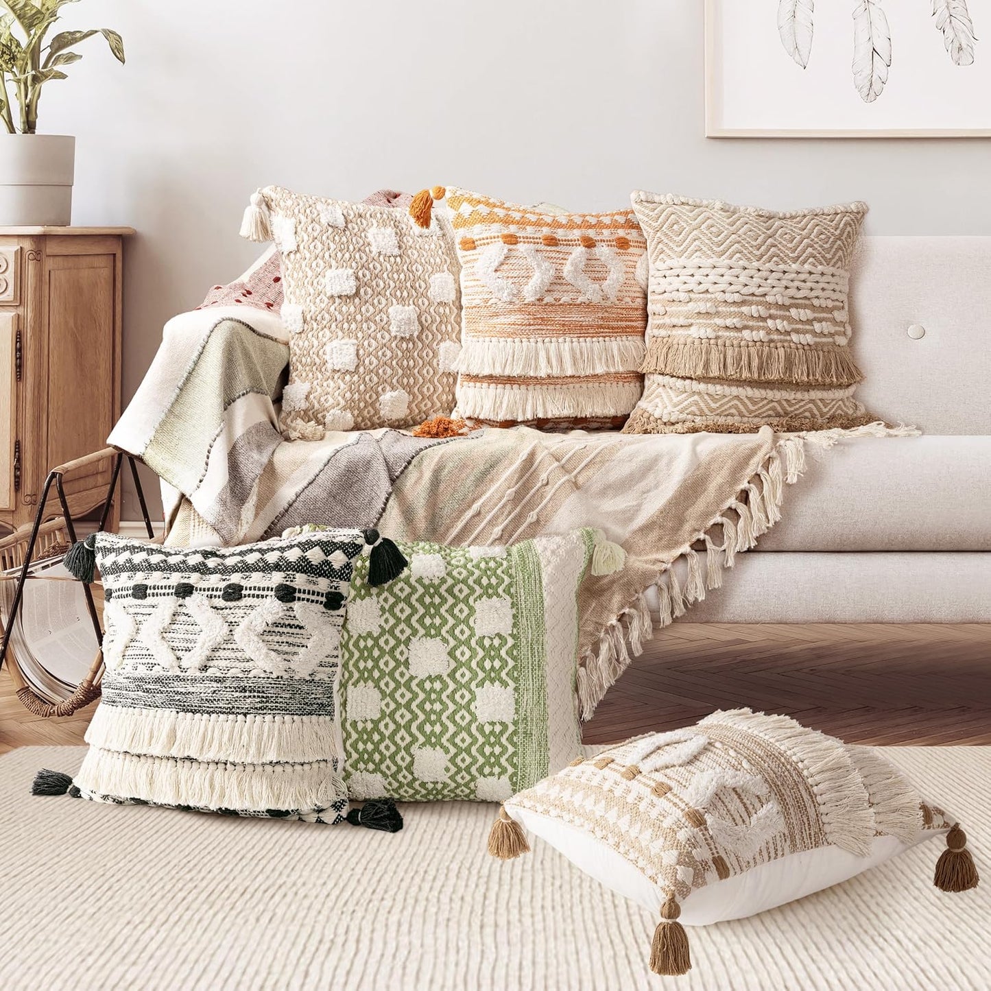 AELS Boho Decorative Throw Pillow Covers with Fringes and Tassels 18x18, Mid Century Tufted Accent Pillow Case, Woven Textured Modern Farmhouse Neutral Cushion Case for Bed Couch Sofa, Beige