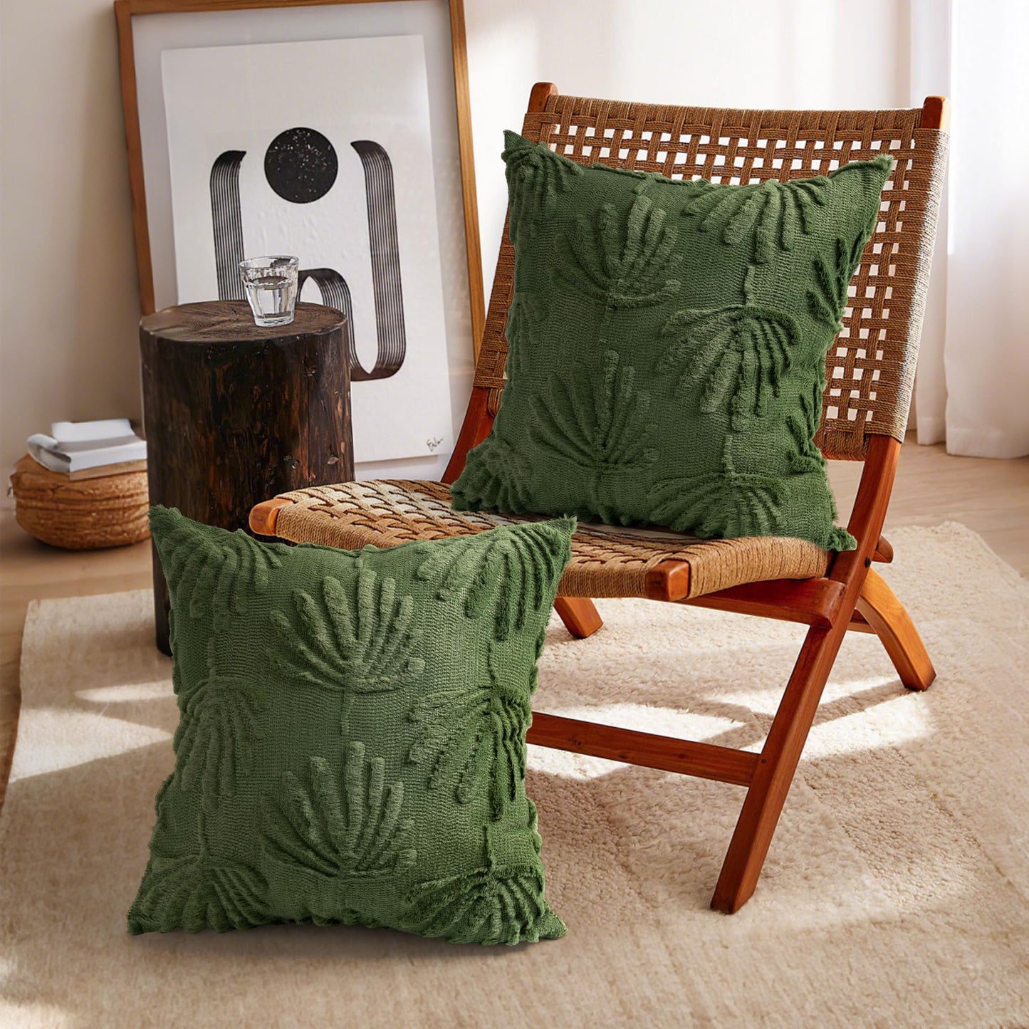 AELS Decorative Throw Pillow Covers 18x18, Set of 2, Modern Farmhouse Fan Palm Leaves Soft Plush Couch Pillow Case for Bed Couch Sofa, Green (Covers Only)
