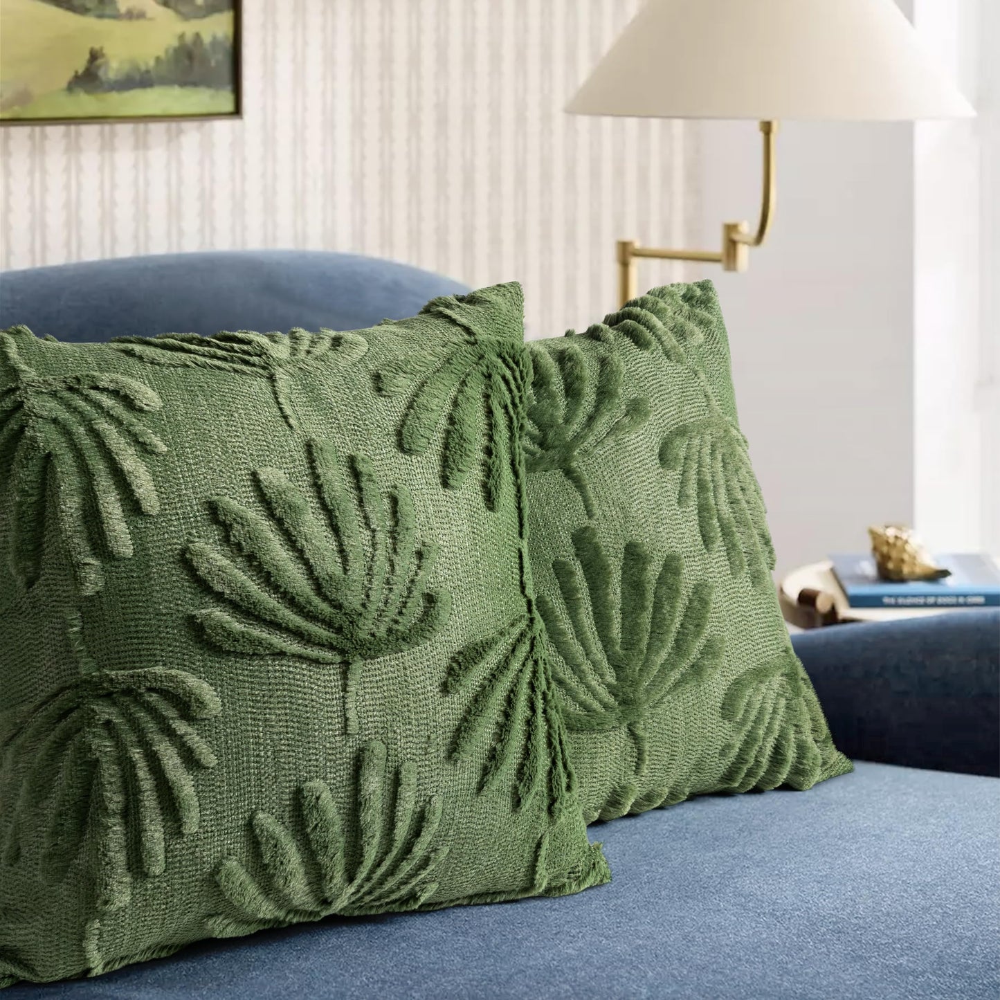 AELS Decorative Throw Pillow Covers 18x18, Set of 2, Modern Farmhouse Fan Palm Leaves Soft Plush Couch Pillow Case for Bed Couch Sofa, Green (Covers Only)