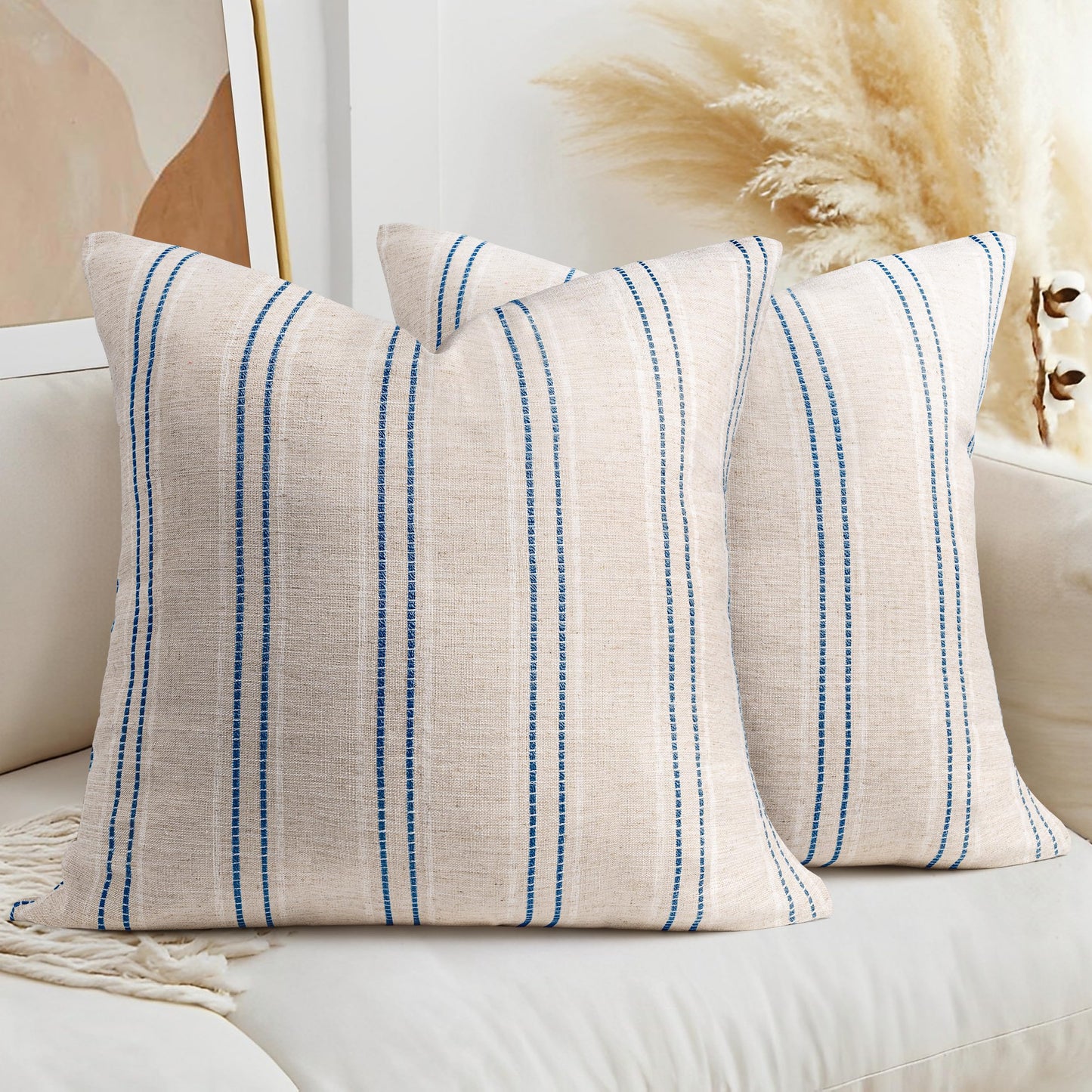 AELS 14x36 Decorative Lumbar Throw Pillow Covers, Farmhouse Linen Textured Long Pillow Case, Beige with White & Navy Blue Stitch Boho Cushion Cover for Couch Living Room (Cover ONLY)