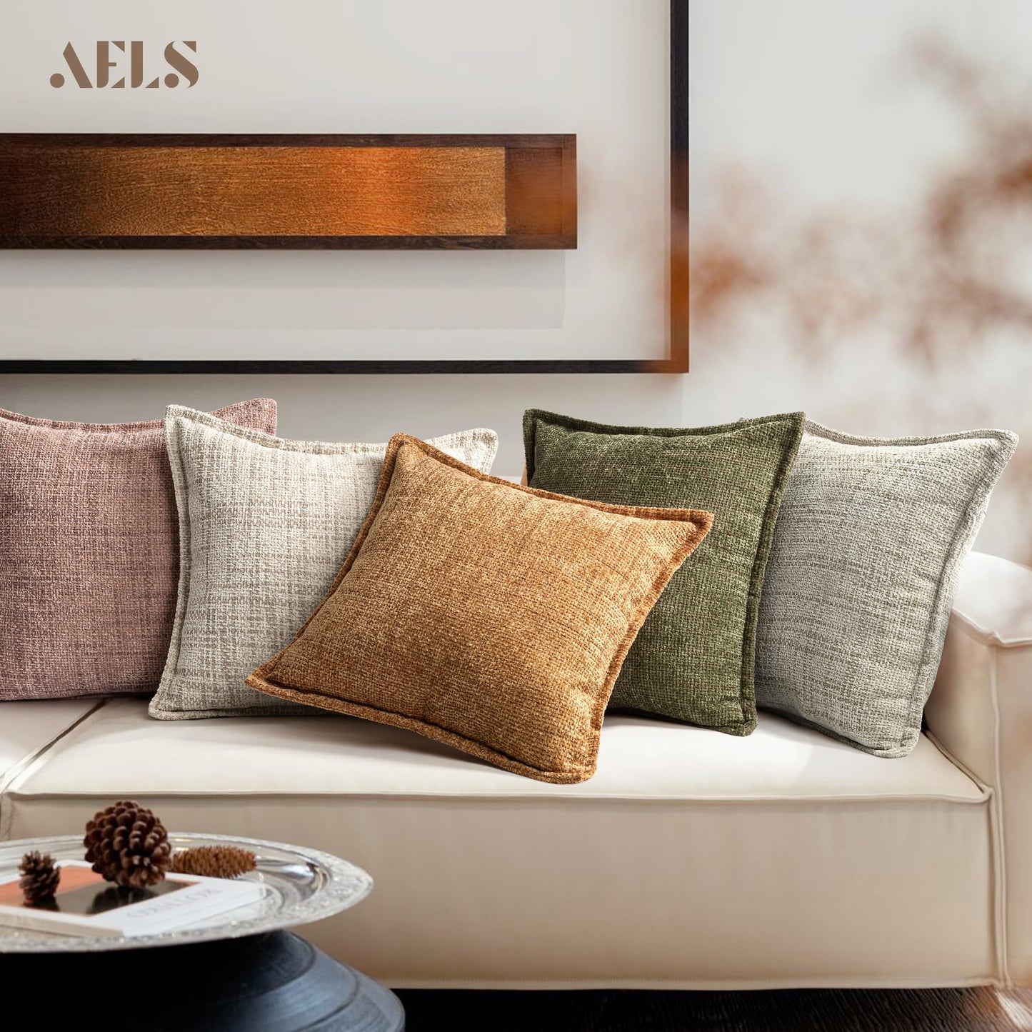 AELS 16x16 Decorative Chenille Farmhouse Throw Pillow Covers, Woven Pillow Case, Set of 2, Boho Textured Cushion Cover for Sofa Couch Living Room (Cover ONLY), Beige