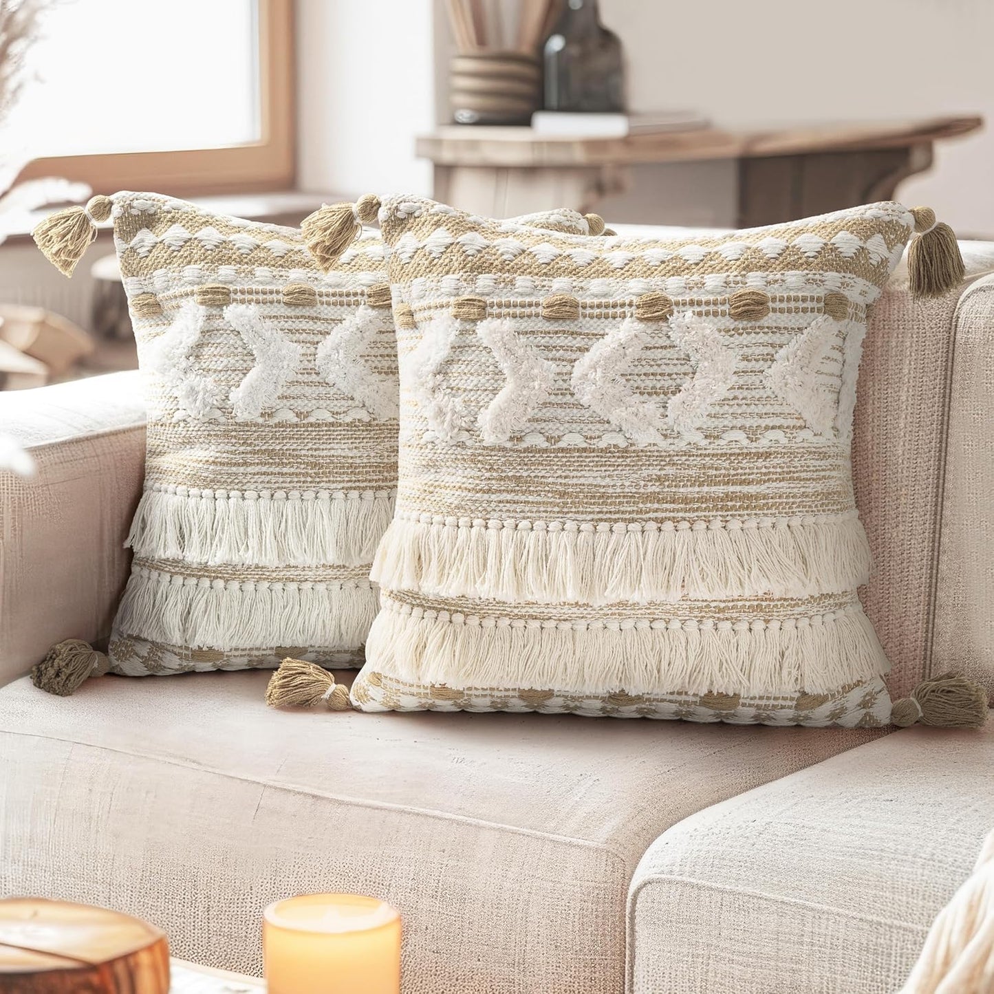 AELS Boho Decorative Throw Pillow Covers with Fringes and Tassels 18x18, Mid Century Tufted Accent Pillow Case, Woven Textured Modern Farmhouse Neutral Cushion Case for Bed Couch Sofa, Beige