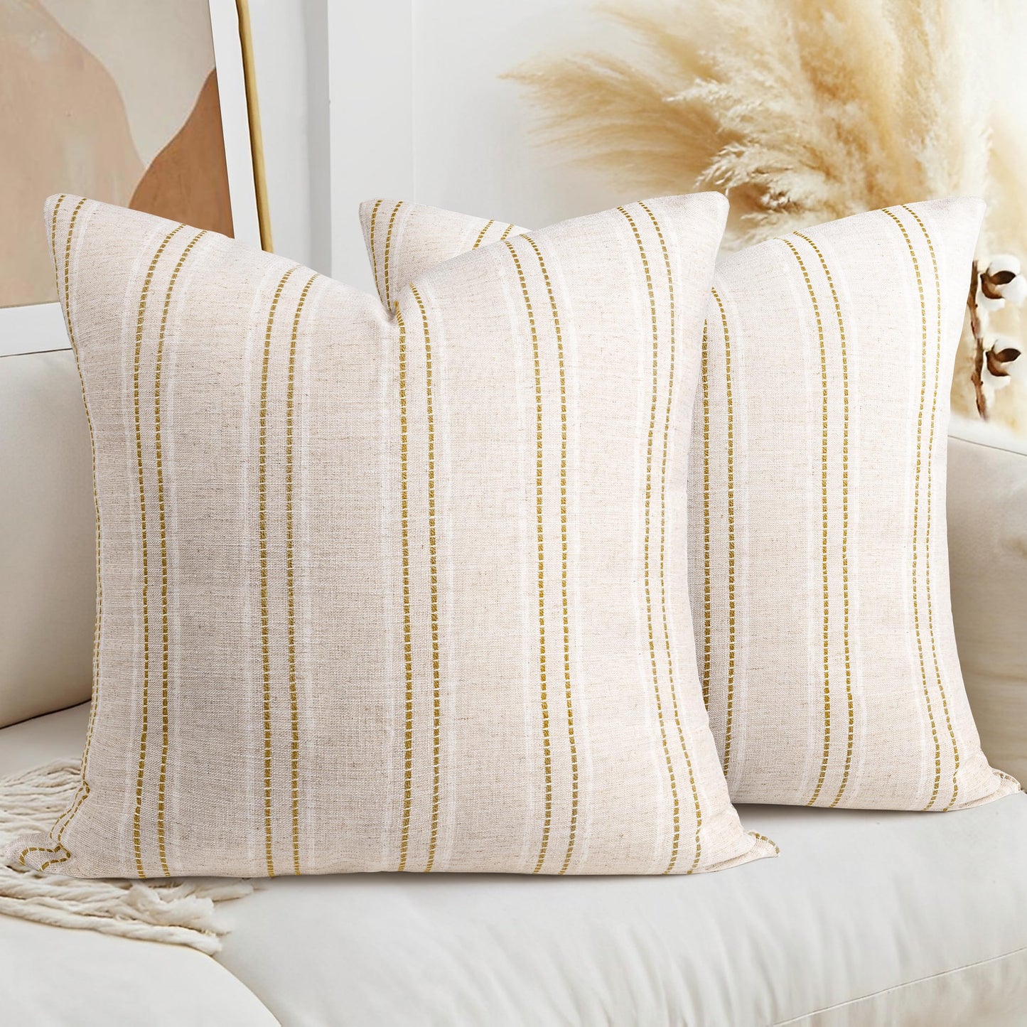 AELS 14x36 Decorative Lumbar Throw Pillow Covers, Farmhouse Linen Textured Long Pillow Case, Beige with White & Navy Blue Stitch Boho Cushion Cover for Couch Living Room (Cover ONLY)
