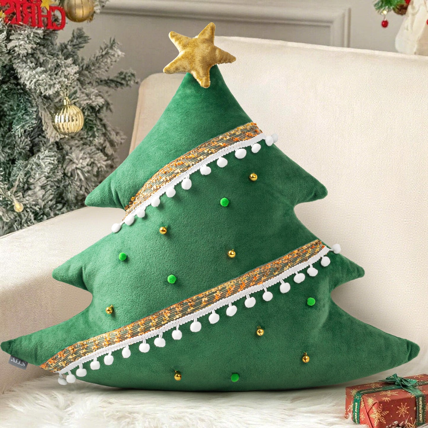 AELS Christmas Tree Decorative Throw Pillow, 19.6 & 15.7 Inch Holiday Throw Pillows for Christmas Decor, Plush Tree Shaped Decorative Pillows for Living Room Bedroom Sofa, Green