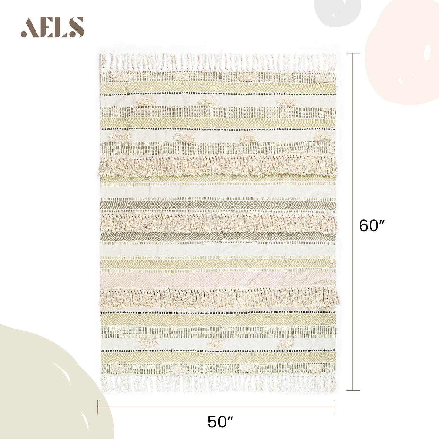 AELS Decorative Boho Striped Textured Throw Blanket with Fringes & Tassels 50" x 60" for Couch Sofa Bed, Mid Century Tufted Blanket, Beige & Sage Green, Fringed Bohimian Throw Blanket