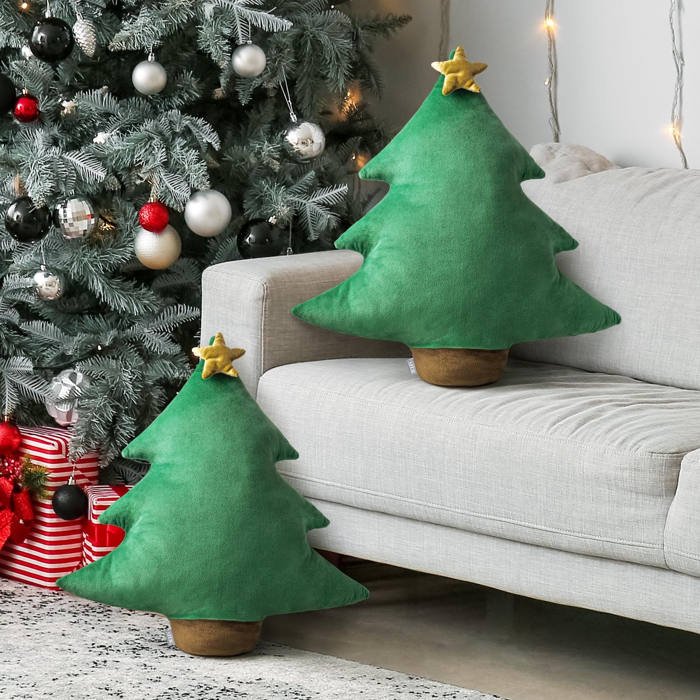 AELS Christmas Tree Decorative Throw Pillow, 19.6 & 15.7 Inch Holiday Throw Pillows for Christmas Decor, Plush Tree Shaped Decorative Pillows for Living Room Bedroom Sofa, Green